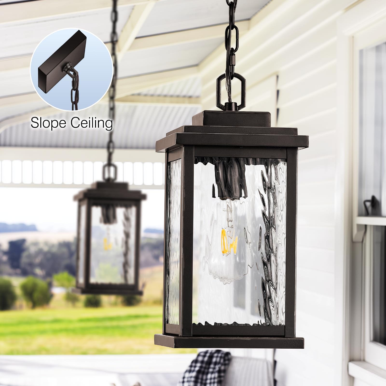 VIANIS Bronze Large Outdoor Pendant Light Fixture, Waterproof Aluminum Lantern with Water Glass, Model V8301M, Easy Installation