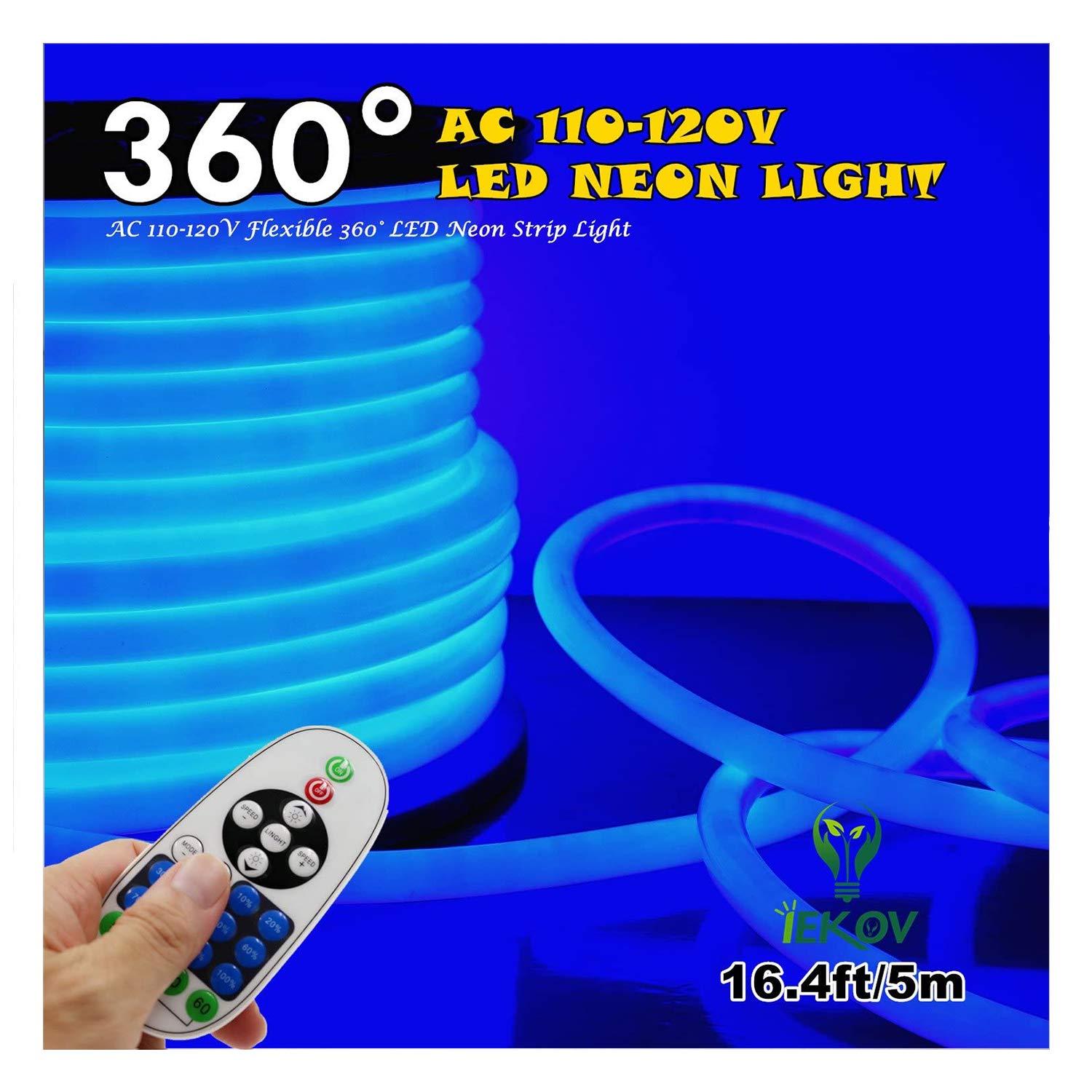 IEKOV [Upgrade] 360 LED NEON Light  AC 110-120V Flexible 360 Degree LED Neon Band Lights  Dimmable & Waterproof NEON LED Rope Light + Remote Controller for Decoration (16.4ft/5m  Blue)
