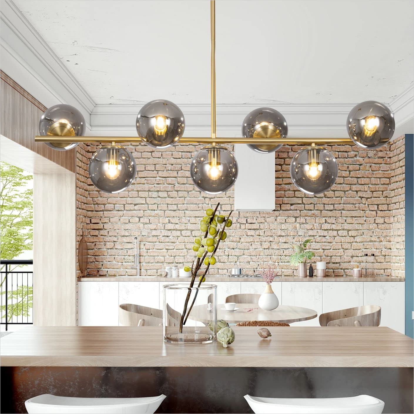 Kco Mid Century Modern 7-Light Gold Brass Sputnik Chandelier With Smoke Glass Spheres