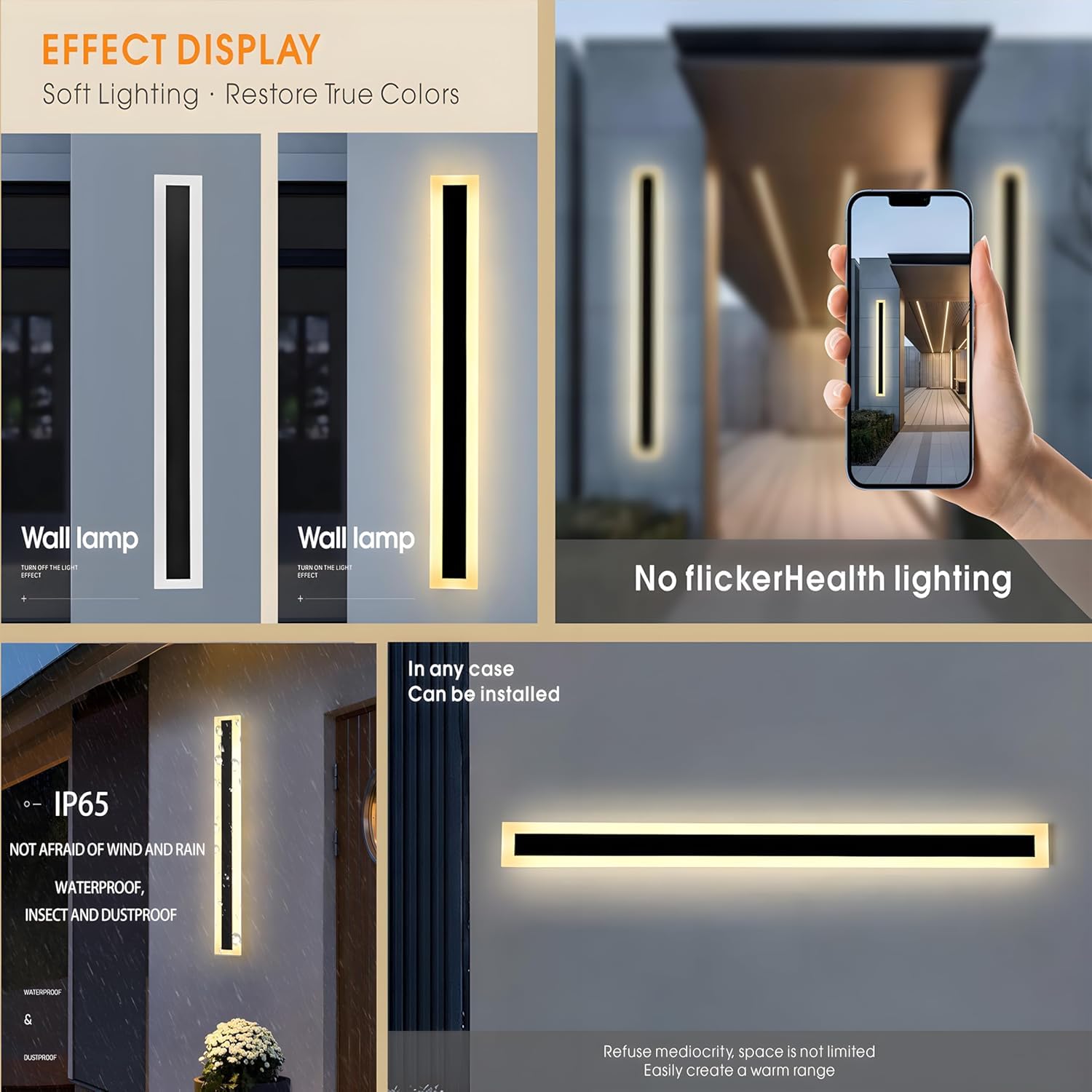 2Pack 47.2Inch Long Outdoor Modern Led Wall Light 38W Waterproof Ip65 Warm White 110V Led Wall Mount Lighting Fixture Rectangular Black Wall Lights Elegant Frosted White Acrylic Anti Rust.
