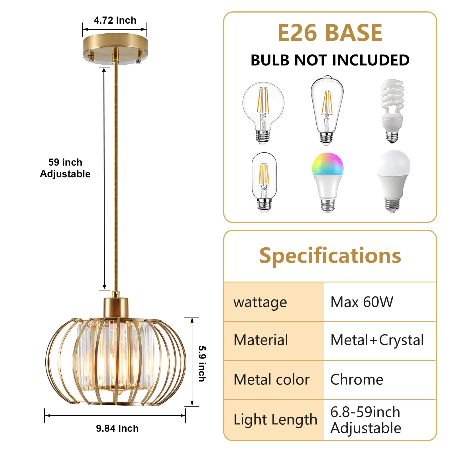 Xsdetu Gold Pendant Light Fixture, Modern Crystal Pendant Lights Kitchen Island, 1-Light Farmhouse Mini Chandelier, Adjustable Brass Hanging Light Fixture For Hallway, Bedroom, Dining Room
