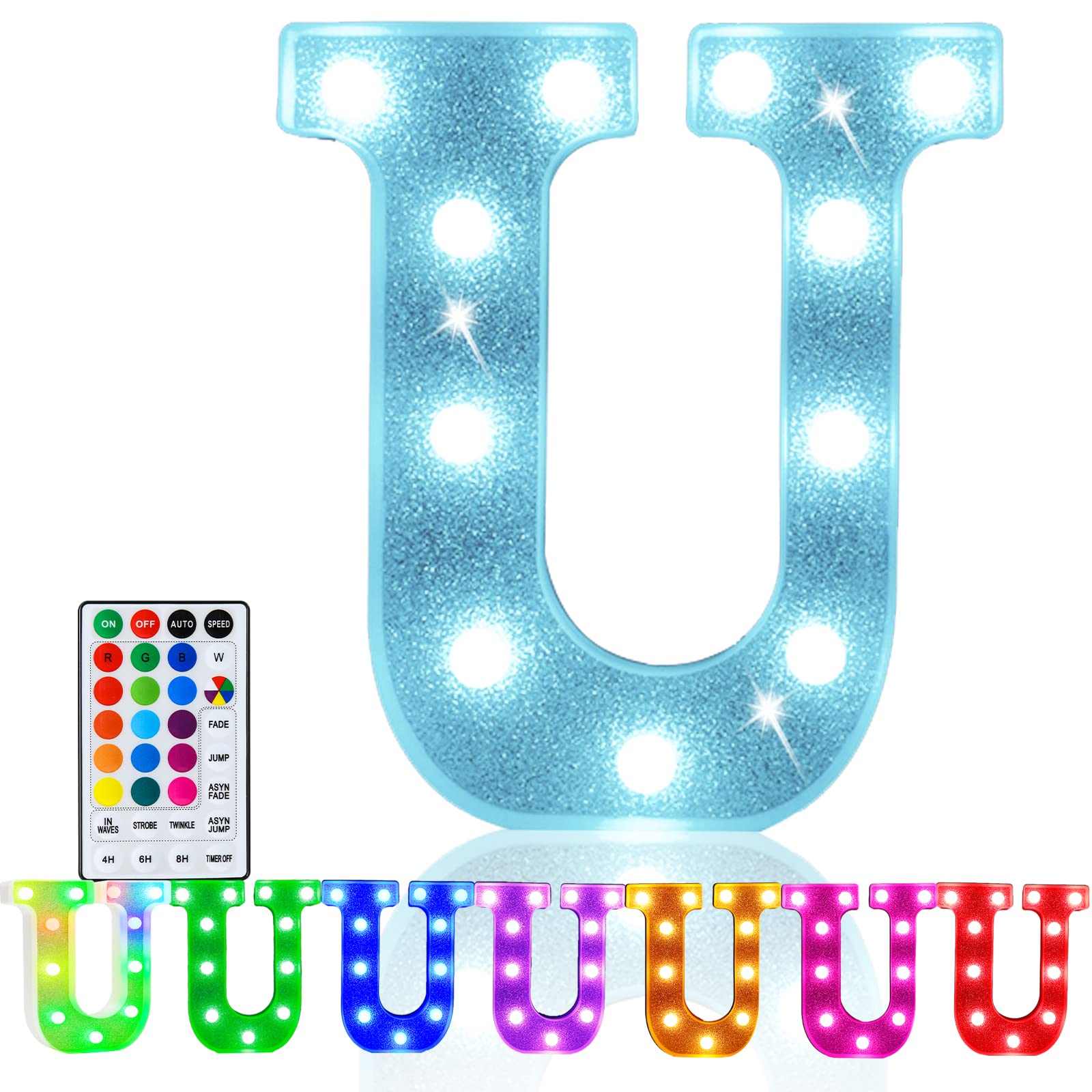 Pooqla LED Letter Lights - Colorful Marquee Signs with Remote, Battery Powered, 18 Colors, Glitter Silver U for Party & Home Decor