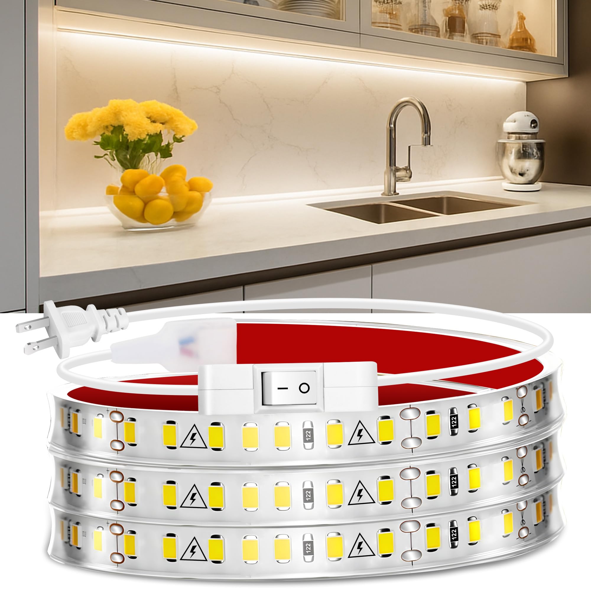 maylit Under Cabinet LED Strip Lighting, 48in, Warm White, 2700K, PCB+LED, Plug-in for Kitchen, Desk, Closet, Shelf