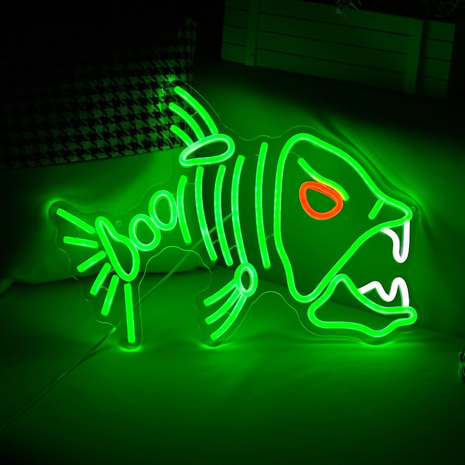 LIUOZHTEA LED Skeleton Fish Neon Sign for Wall Decor, Dimmable, Acrylic, 16.7inx12.8in, Green Red White