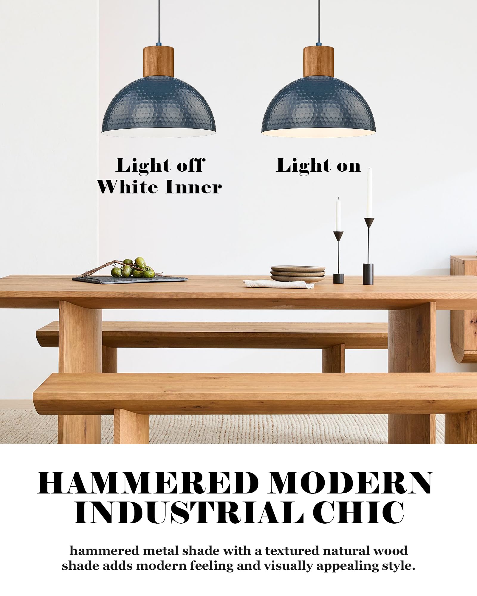 ELYONA Industrial Pendant Light - 12" Handmade Hammered Blue Metal Dome Lamp for Kitchen, Dining, Bedroom, Hallway - 1 Pack