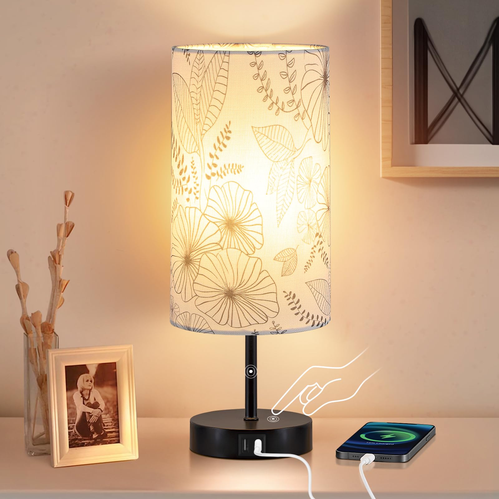 Bedside Touch Lamp with 2 USB Ports, Modern 3 Way Dimmable Small Lamp with Flower Fabric Shade, Nightstand Lamp for Living Room 