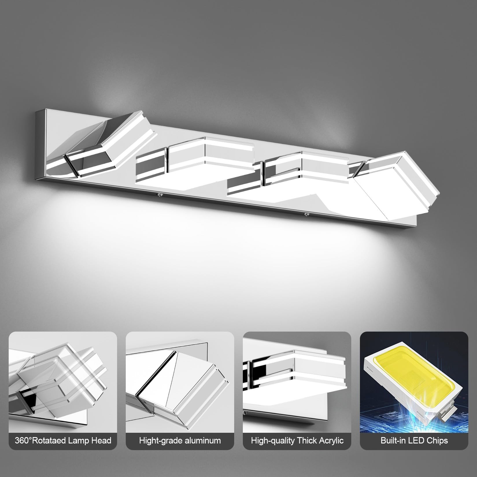 Ralbay 4-Light Bathroom Vanity Light, 30inch, Chrome Stainless Steel, Model 9819, Acrylic Wall Lighting Fixtures Over Mirror