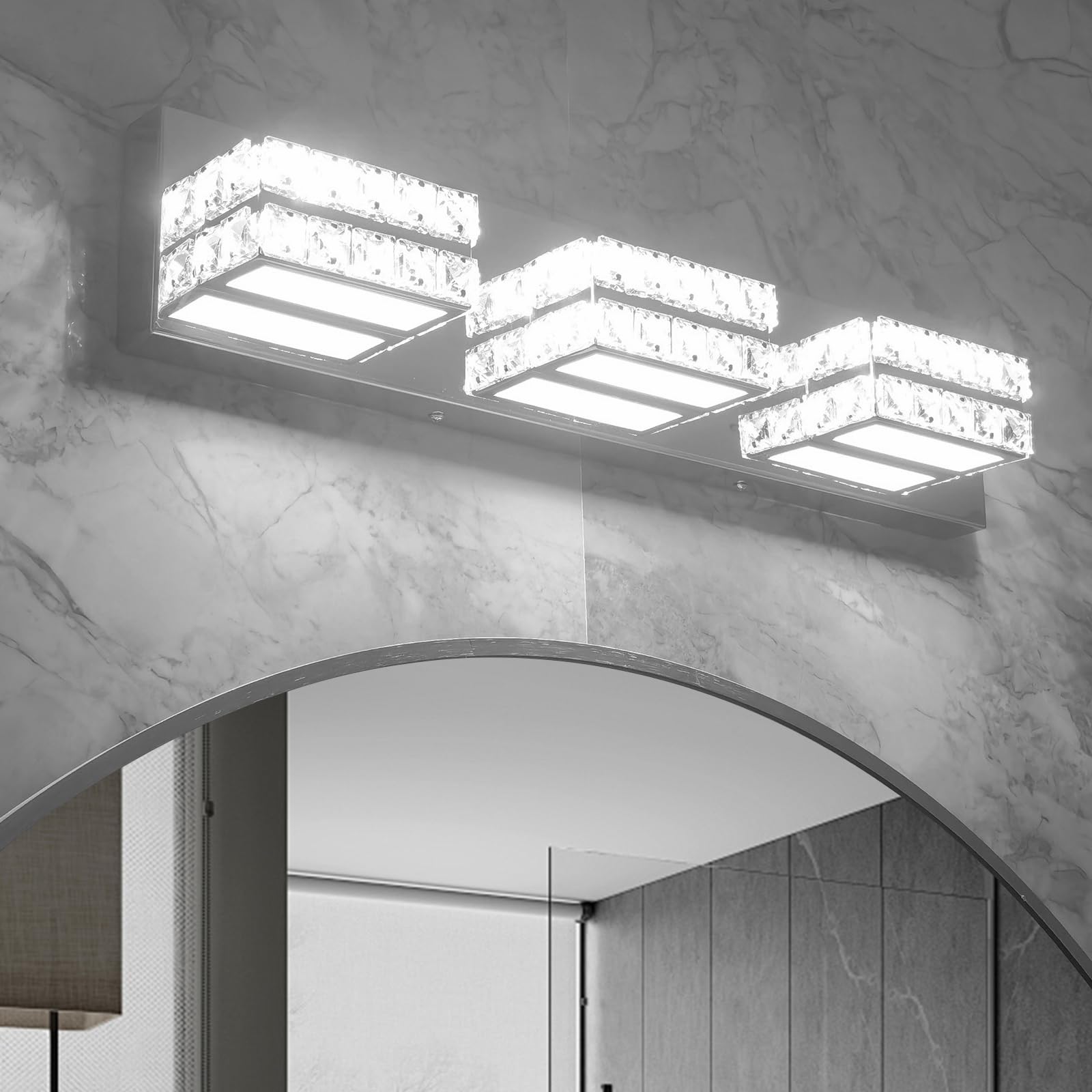 OKELI Bathroom Crystal Vanity Light Fixtures, Modern LED Vanity Light for Bathroom, 3 Lights Crystal Mirror Front Lamp, 6000K Co