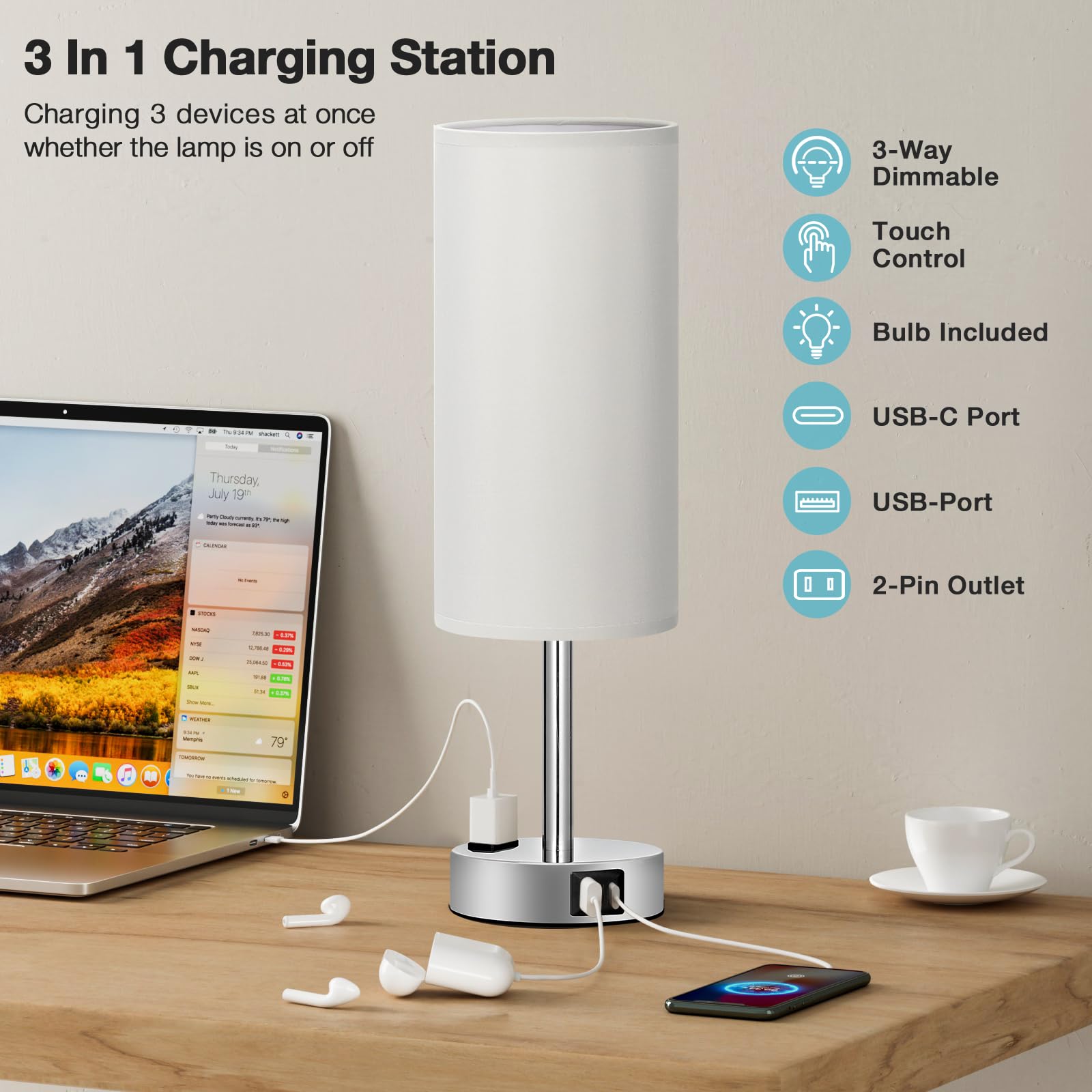 Fenmzee Light Grey Table Lamp For Nightstand - 3 Way Dimmable Touch Bedside Lamp Usb C And A Charging Ports And Ac Outlet, Small