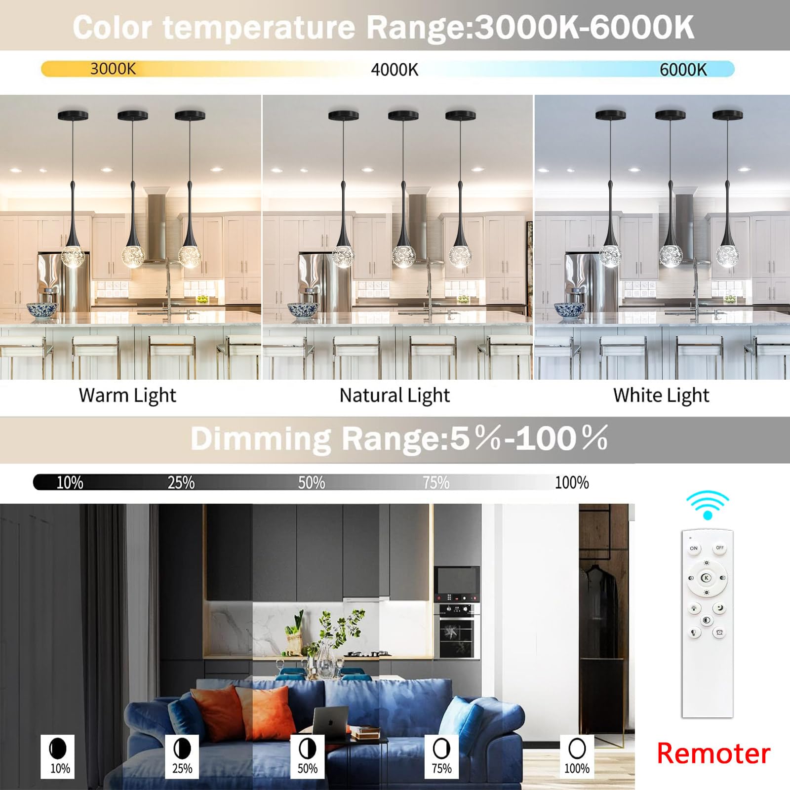 cenozo Modern Pendant Light - LED Dimmable Crystal Ceiling Lamp, 1 Light Round, Black, Model RS2037-1H for Kitchen, Dining, Bedroom