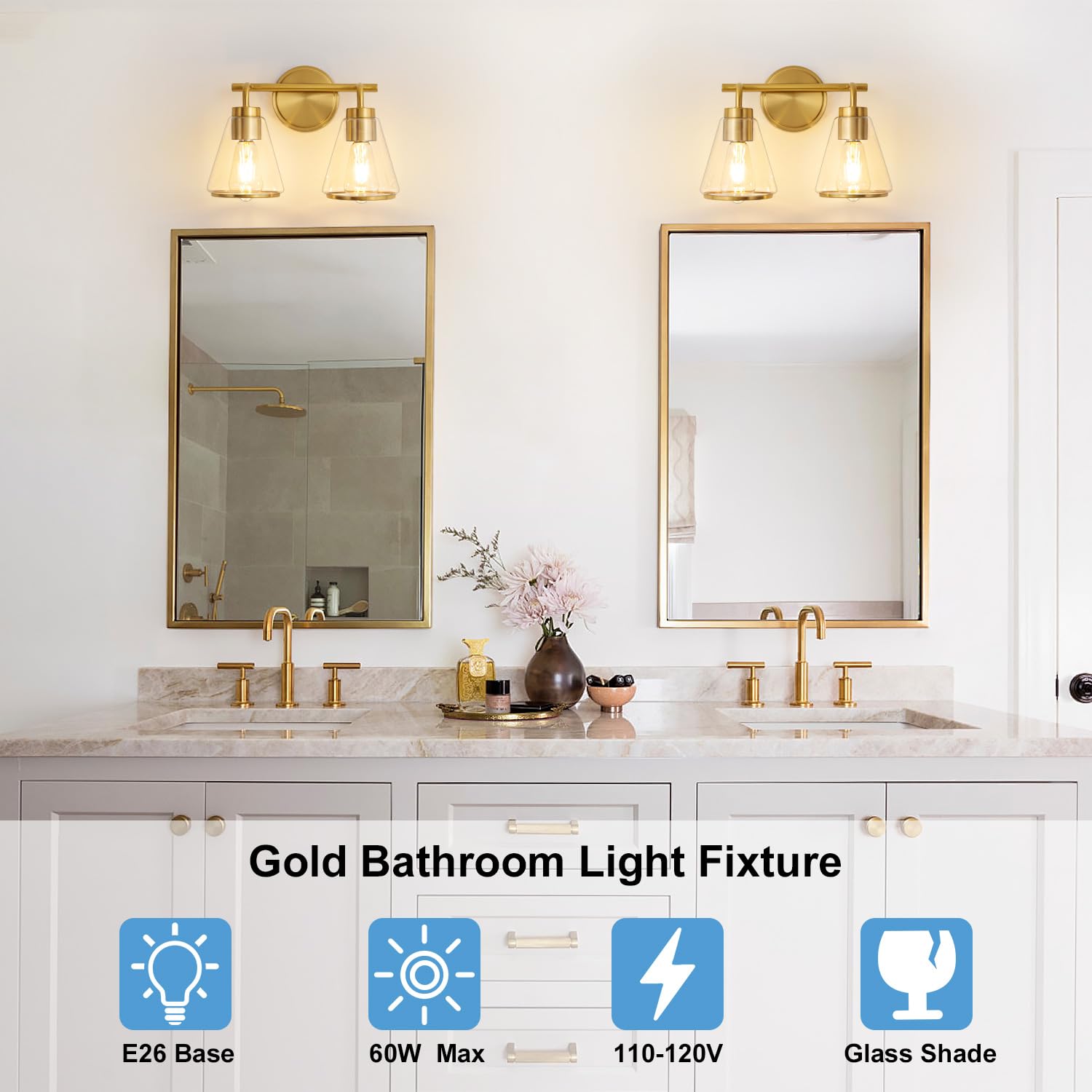 Nadosa Bathroom Light Fixtures Over Mirror Gold Vanity Light 2-Lights With Clear Glass Shade 14 Inch Modern Wall Sconces Bath Light