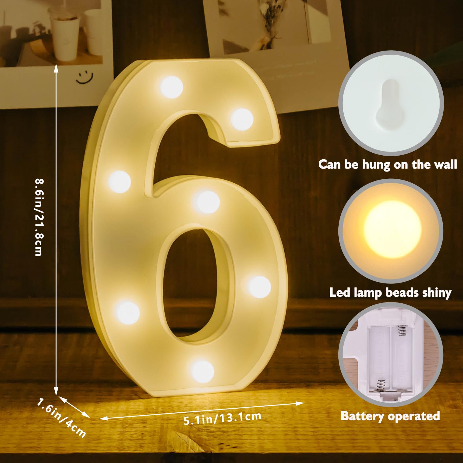IFDGCTK Light Up Numbers 10 LED Decorative Letters, Battery Powered, Warm Light, Number 6, Acrylic Home Decor