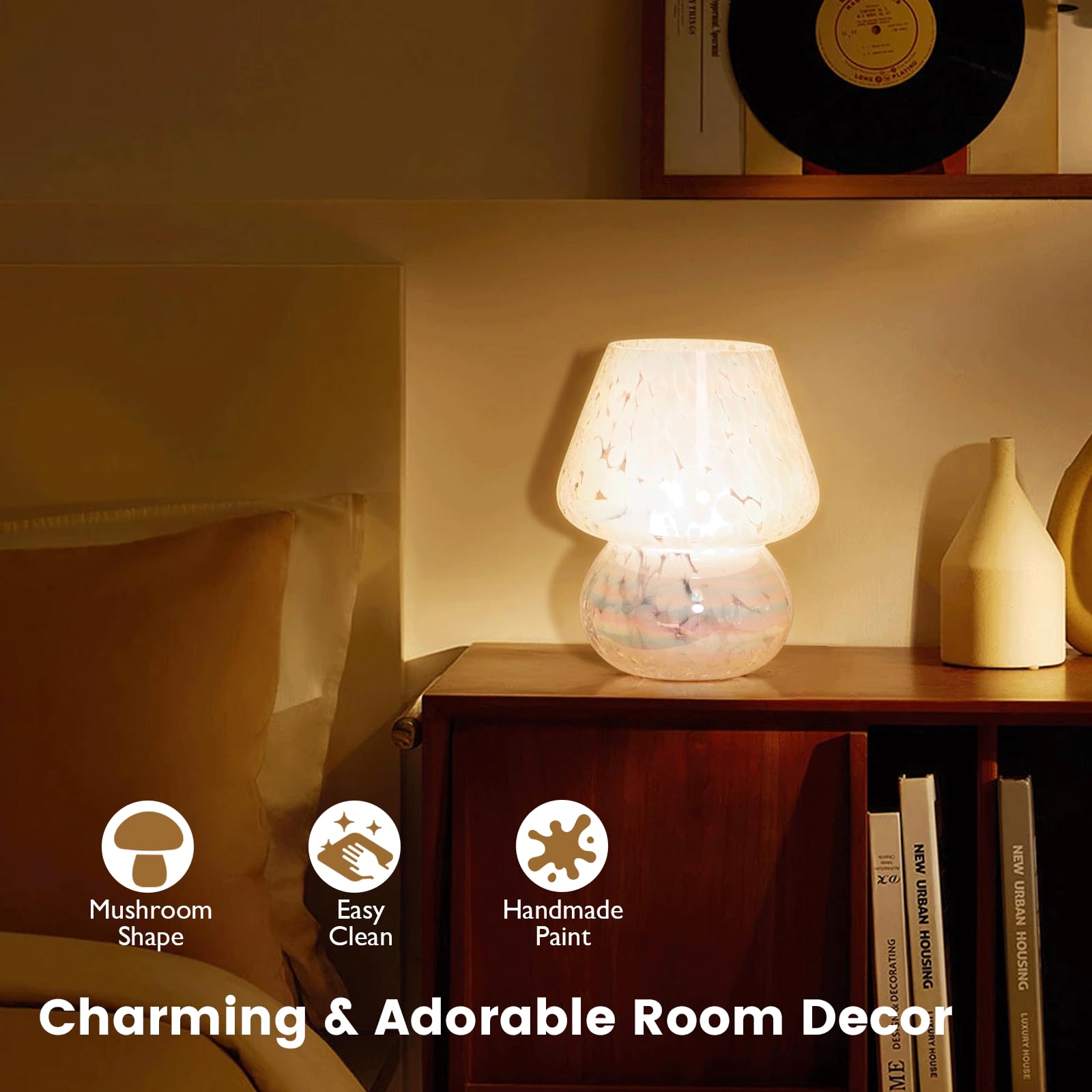 ULAROOM USB Mushroom Lamp - Dimmable LED Bedside Light, Rainbow White, Glass, Model TALPMSUSBMUC19X9Q1