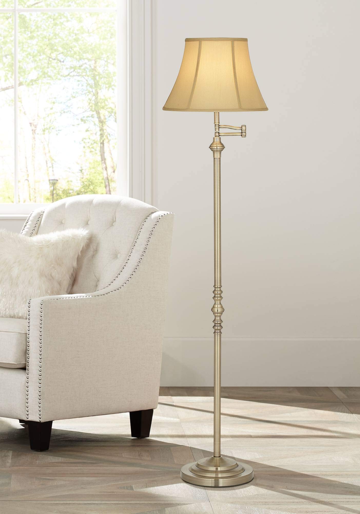 Regency Hill Floor Lamp - Traditional Adjustable Swing Arm, 60in Tall, Antique Brass, Metal, Golden Tan Shade, Model T8241