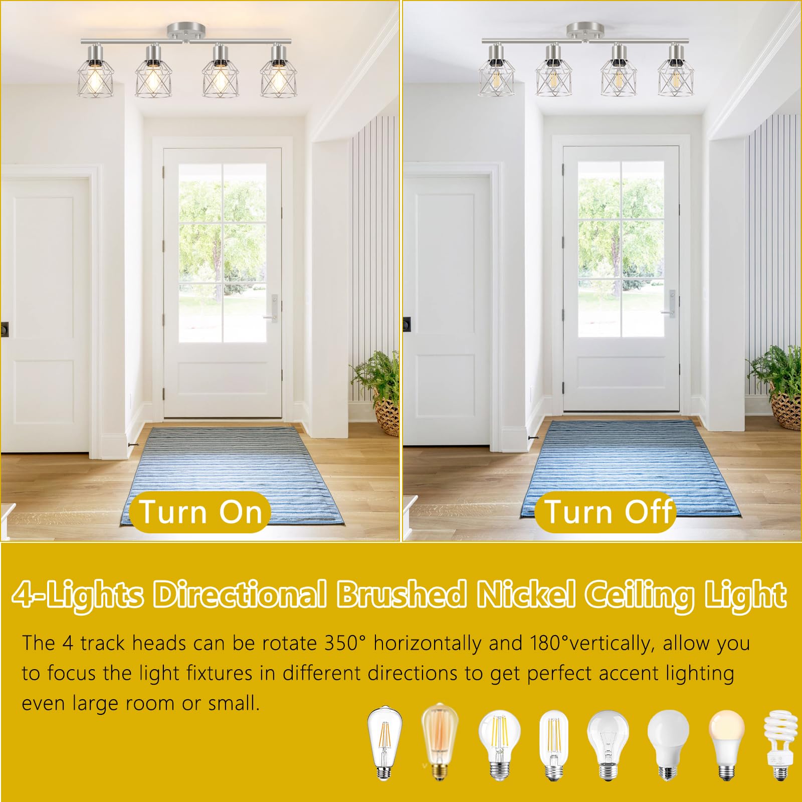 Baocuz 4-Light Kitchen Lighting Fixtures  Adjustable Multi-Directional Brushed Nickel Track Ceiling Light  Semi Flush Mount Ceiling Spotlight With Wire Cages For Living Room  Bedroom  Hallway