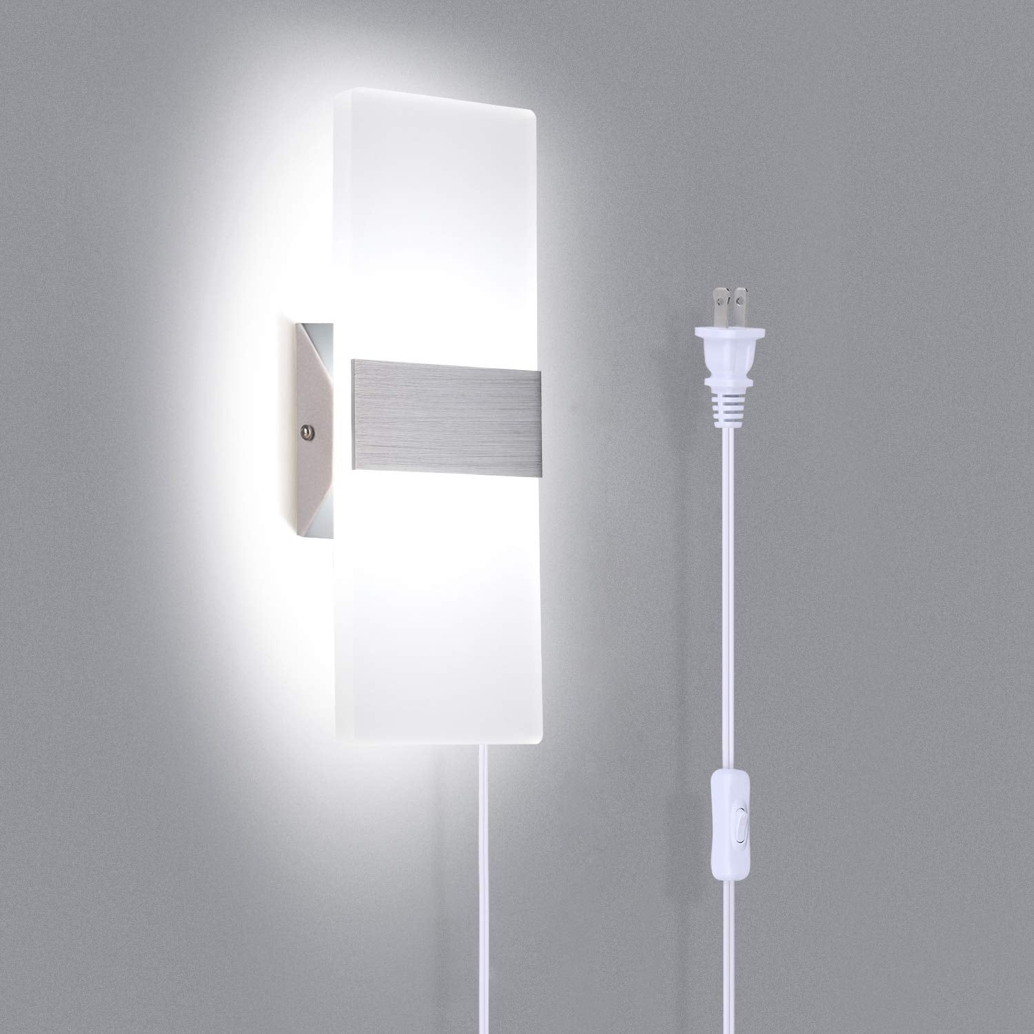 Trlife Modern Wall Sconce - 12W Acrylic Light, 6000K Cool White, Plug-In With 6Ft Cord, On/Off Switch, 1 Pack