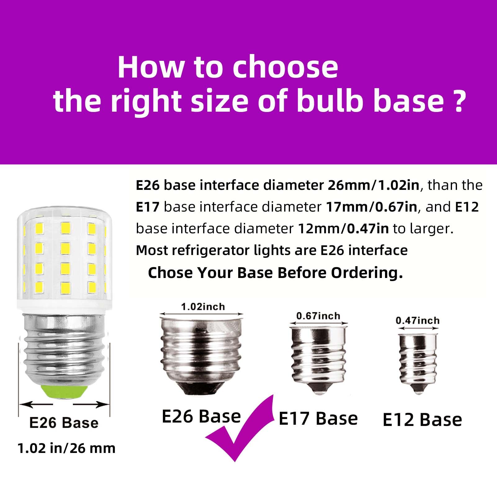 DAPSHU LED Refrigerator Light Bulbs, Daylight White 6000K, 3.5W, Pack of 2, Polycarbonate, Model LGK-E26-52