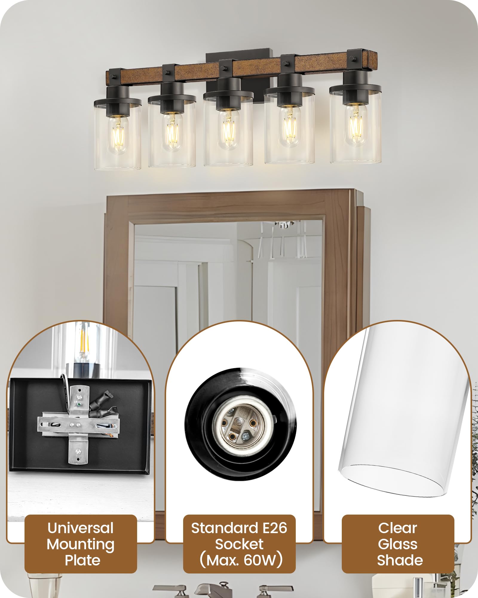 GOEBLESON 5-Light Bathroom Light Fixture, Rustic Brown Metal Vanity Lights, F10BD05 Model, Glass Shade Design