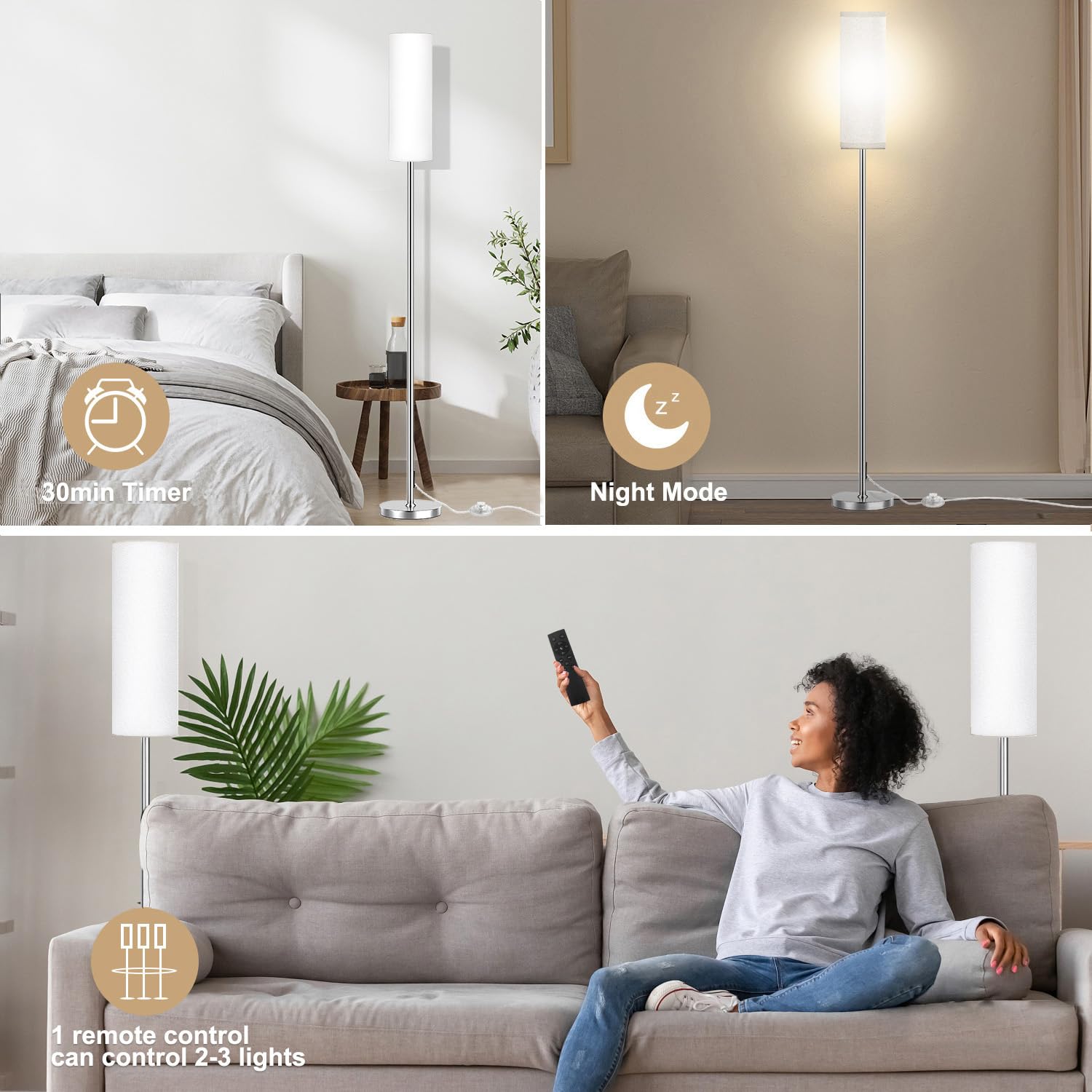 Qaubauyt Modern Led Floor Lamp With Remote, Brushed Nickel, Reading & Colorful Modes, 9W Bulb