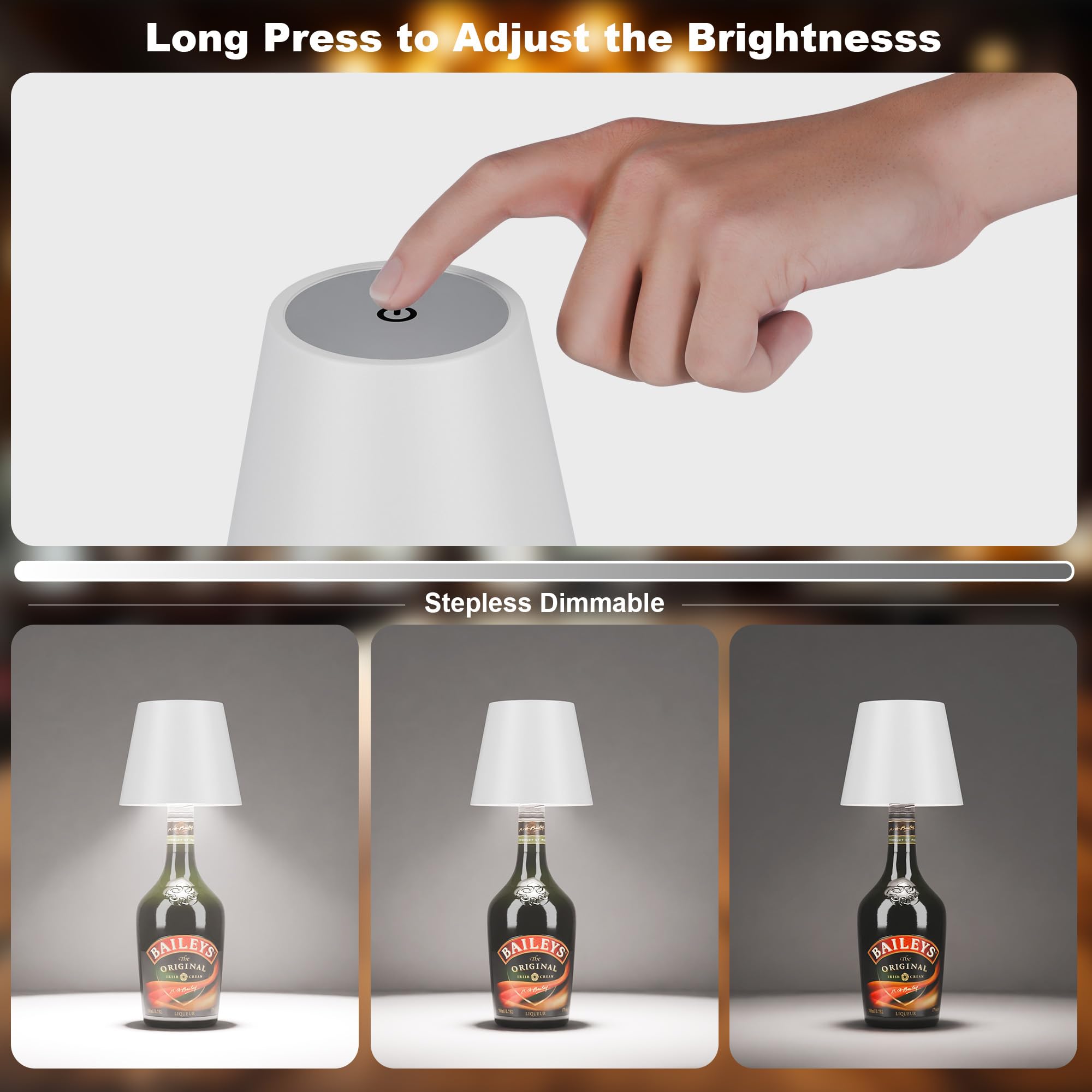 ULAROOM Wireless LED Bottle Lamp - Rechargeable USB-C, Dimmable Touch, White, Small for Home Decor, Bedroom, Living Room & Bar