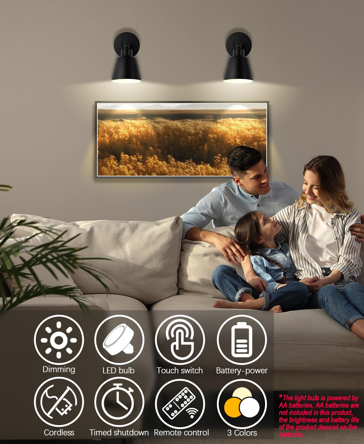 Bimean Black Battery Operated Wall Sconce Set Of 3, Easy To Install Wireless Lights For Wall, Remote Control Dimmable Led Lights