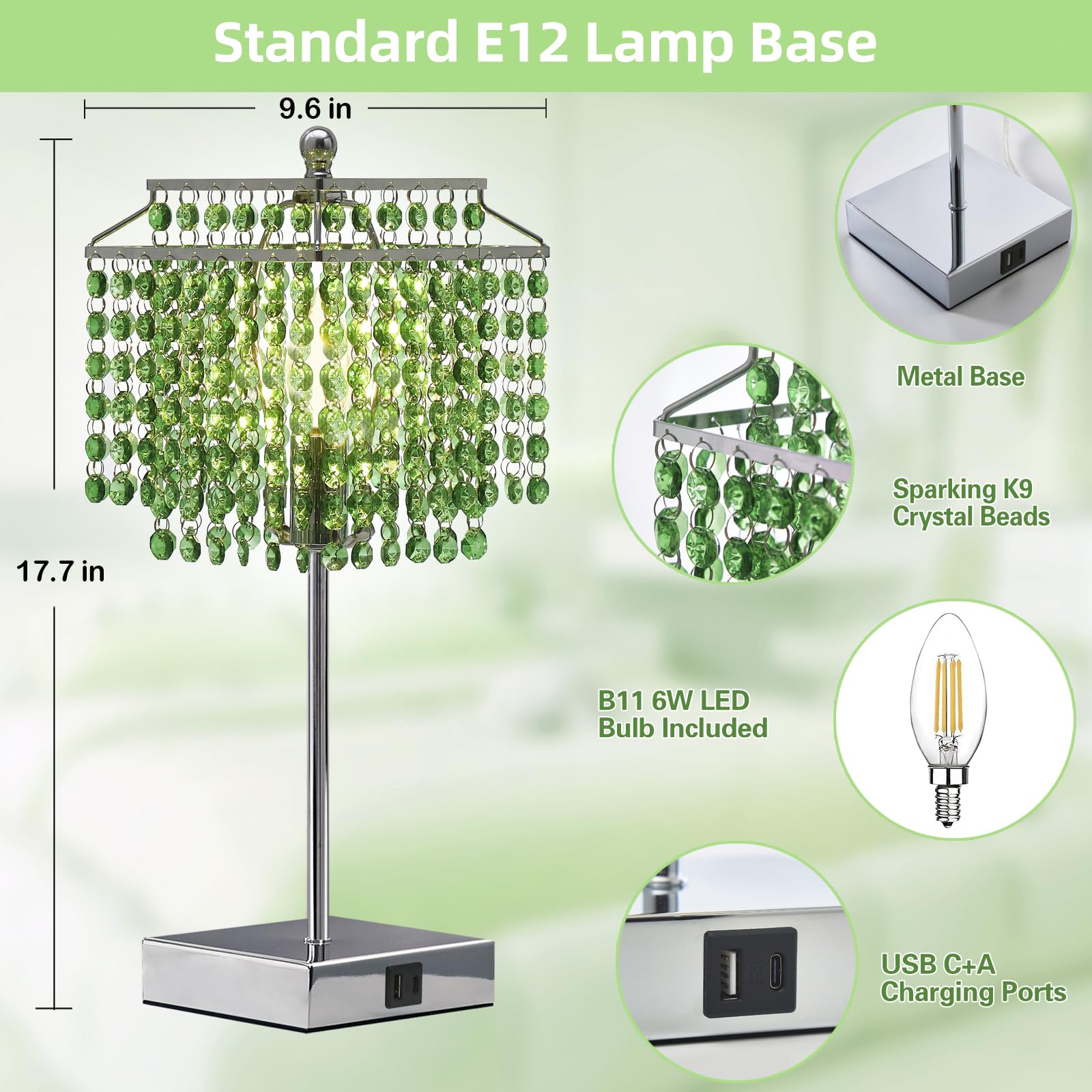 Luvkczc Crystal Table Lamp with Touch Control, 3-Way Dimmable, USB C+A Ports, Green, Model 1TL-71008-03, Acrylic Shade