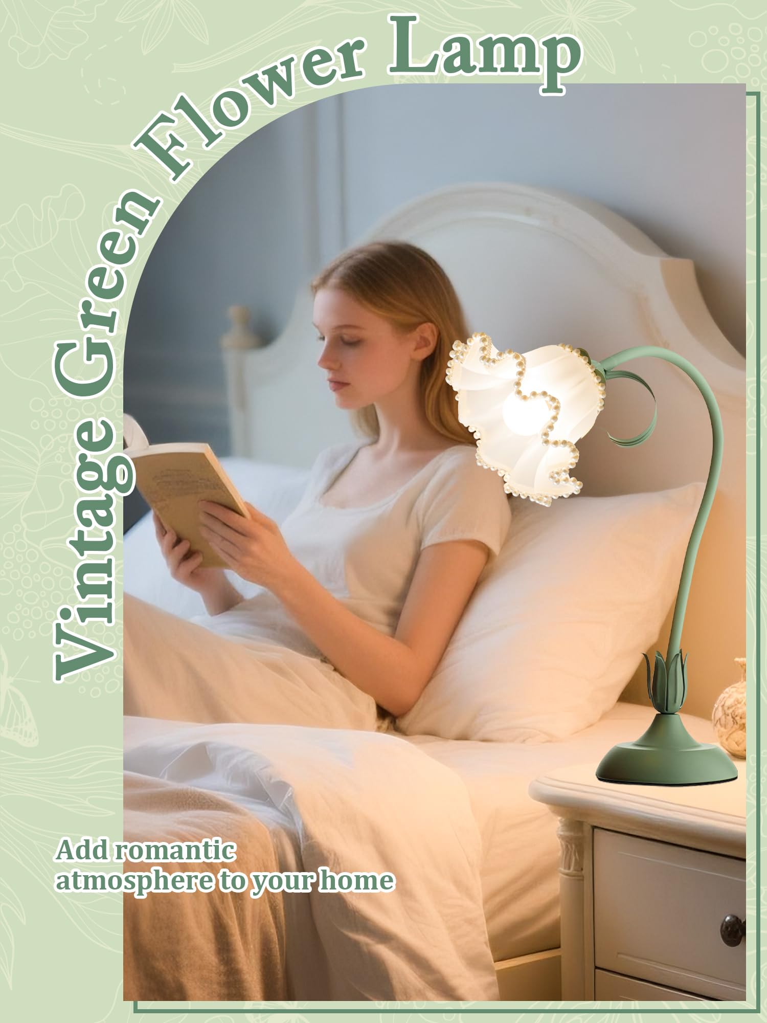 AQDZCNF Flower Table Lamp, LED Night Light, Vintage Style, Acrylic, Green Pearls, Model MN-QBKR-AEJK-1-2