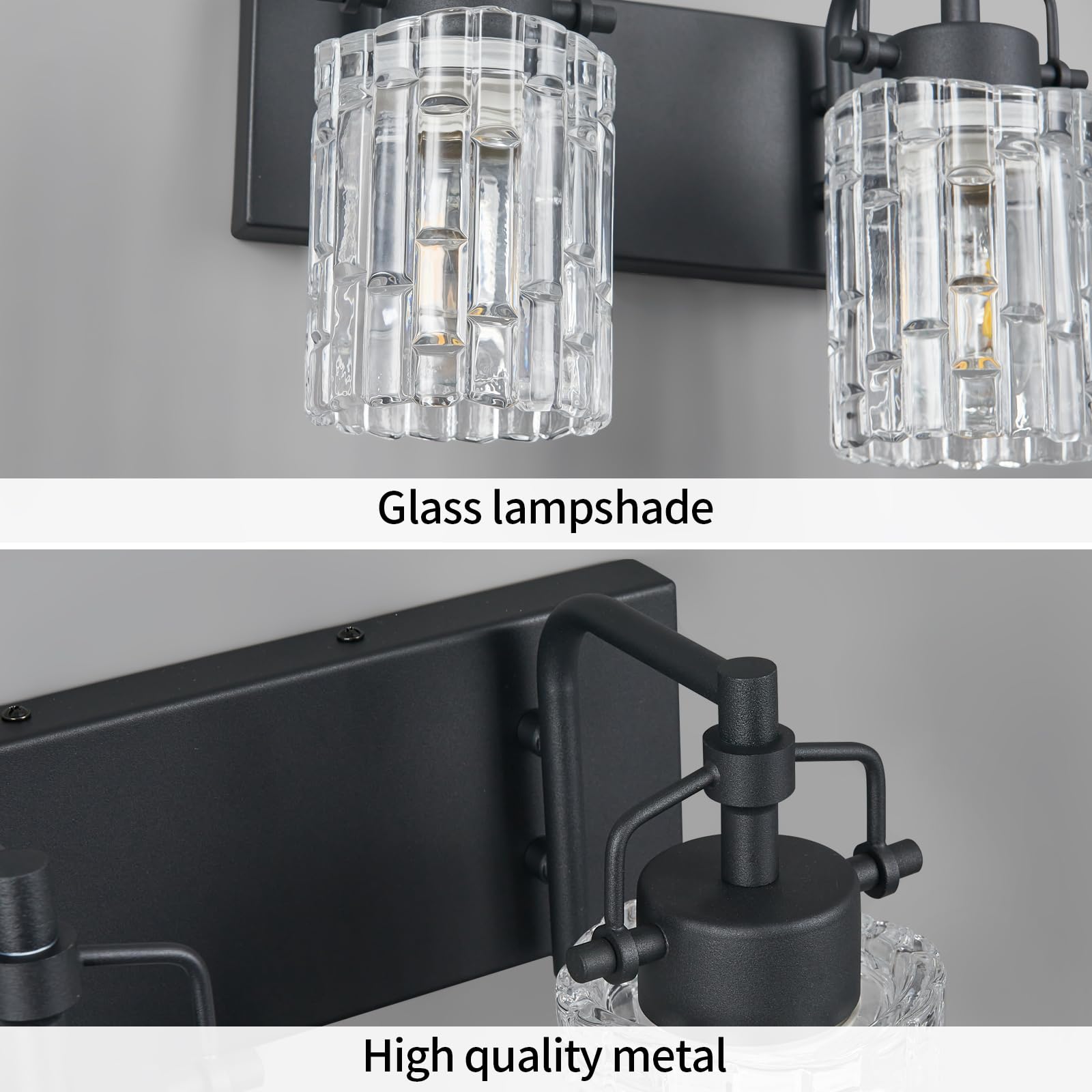 BNHHLZ Bathroom Vanity Light 2-Light Black Metal Fixture with Crystal Glass Shade, Model 4132