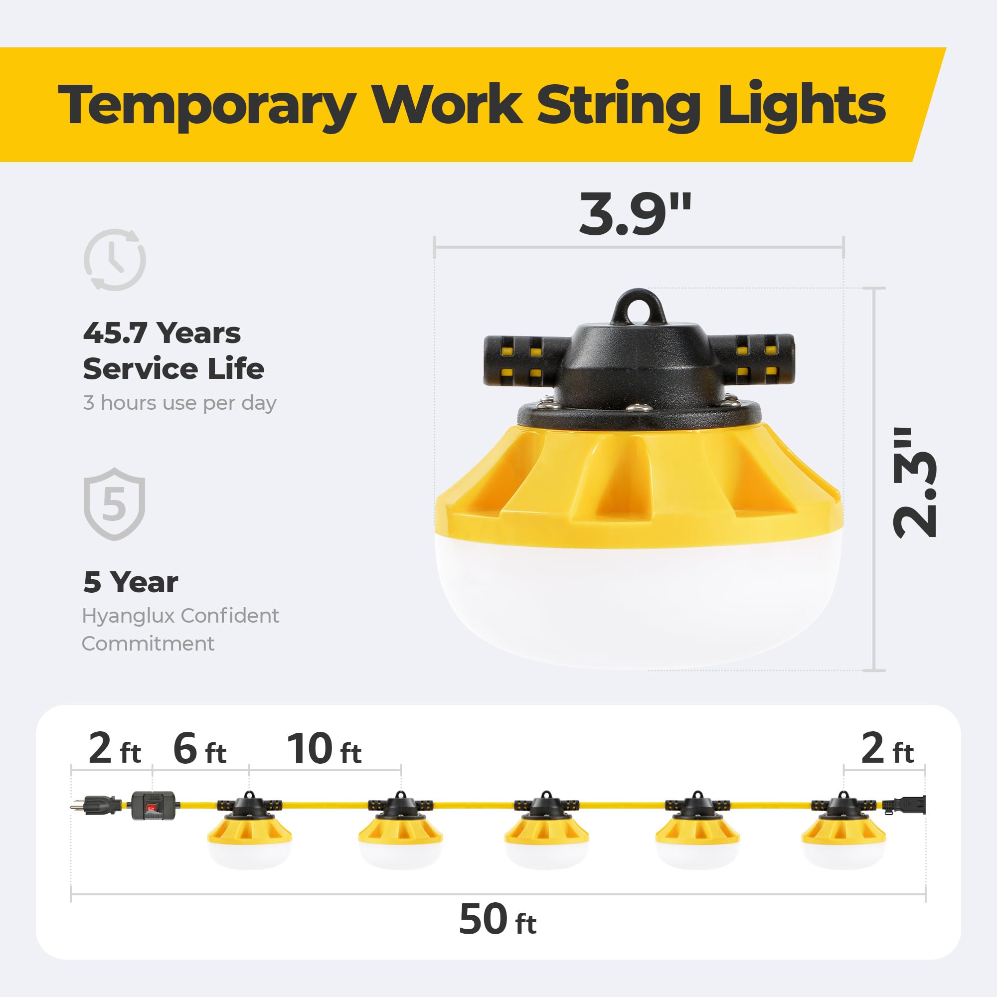 Hyanglux 3 Prong Outdoor Led String Lights With Switch: 50Ft 50W 5500Lm Etl Certified Bright Temporary Lighting Hanging Ip65 Wat