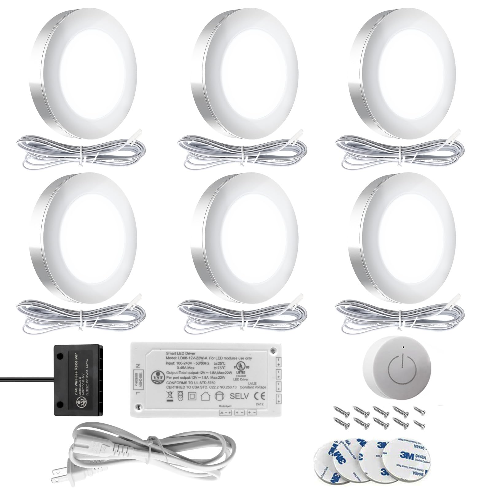 Vst Under Cabinet Lighting 12V 2W(12W Total  60W Equivalent) With Wireless Dimmer Switch  Recessed Or Surface Mount For Kitchen Wardrobe 6 Pack Silver Puck Lights 4000K