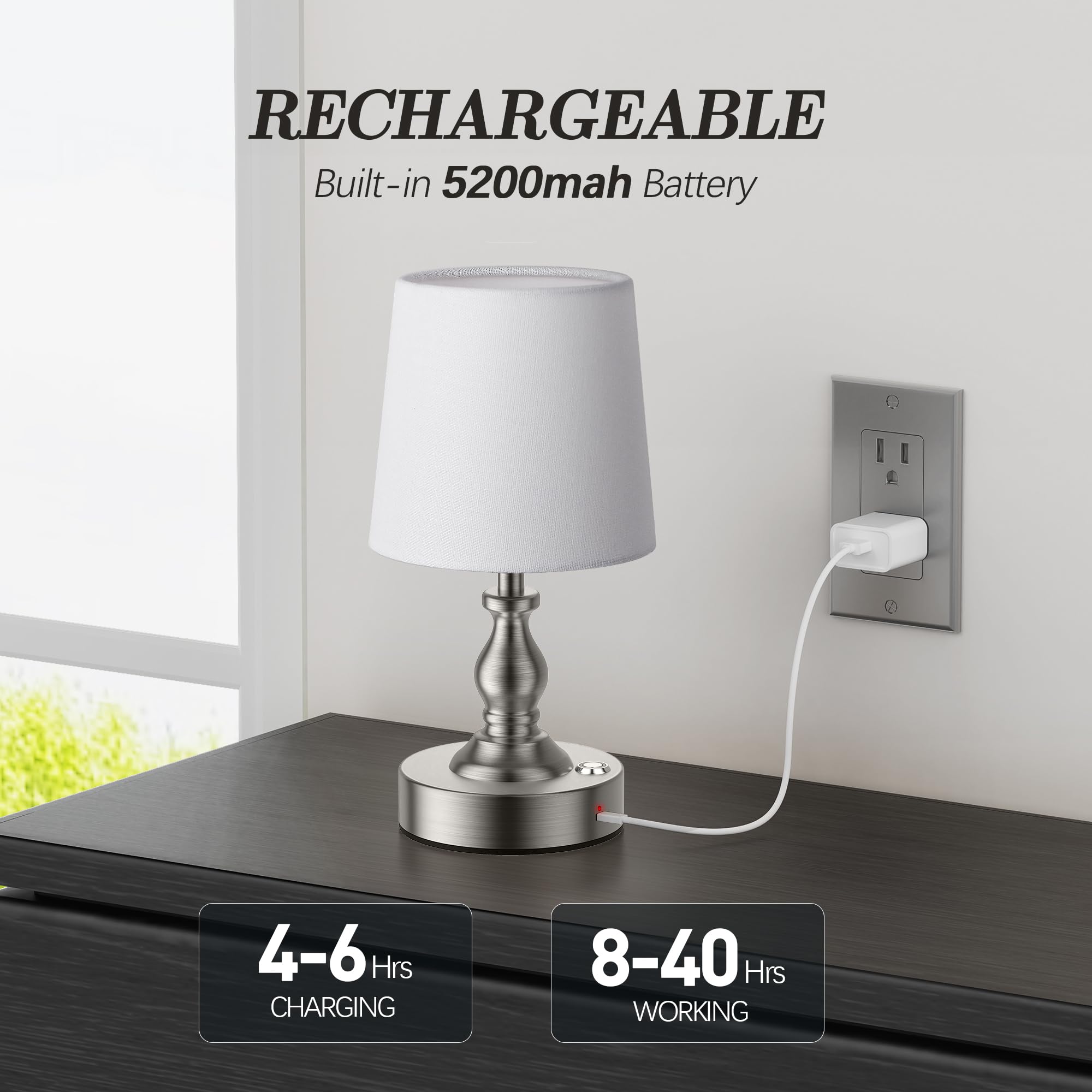 PARTPHONER Mini Cordless LED Table Lamp, 5200mAh Rechargeable, 3-Level Brightness, Touch Dimmable, Brushed Nickel, Model STR-LP-TL001