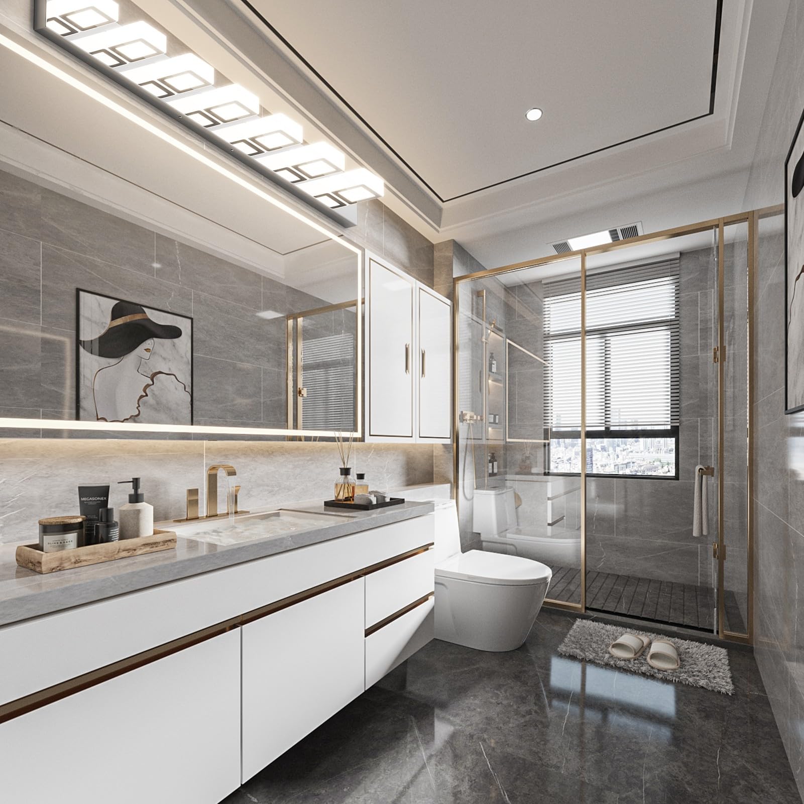 Ralbay 46in LED Chrome Vanity Light, 7 Lights, Stainless Steel, Natural White 4500K, Modern Bathroom Fixture