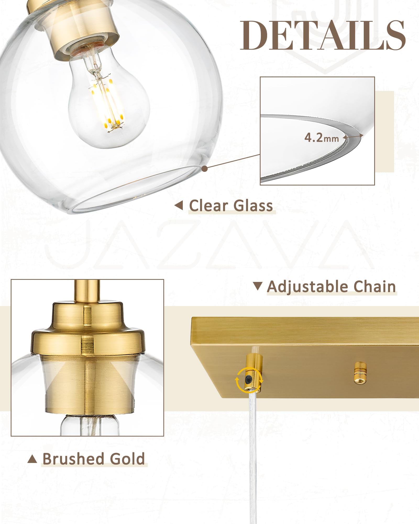 Jazava 3-Light Gold Linear Chandelier, Globe Kitchen Island Lighting, Modern Pendant Light With Clear Glass For Dining Room Livi