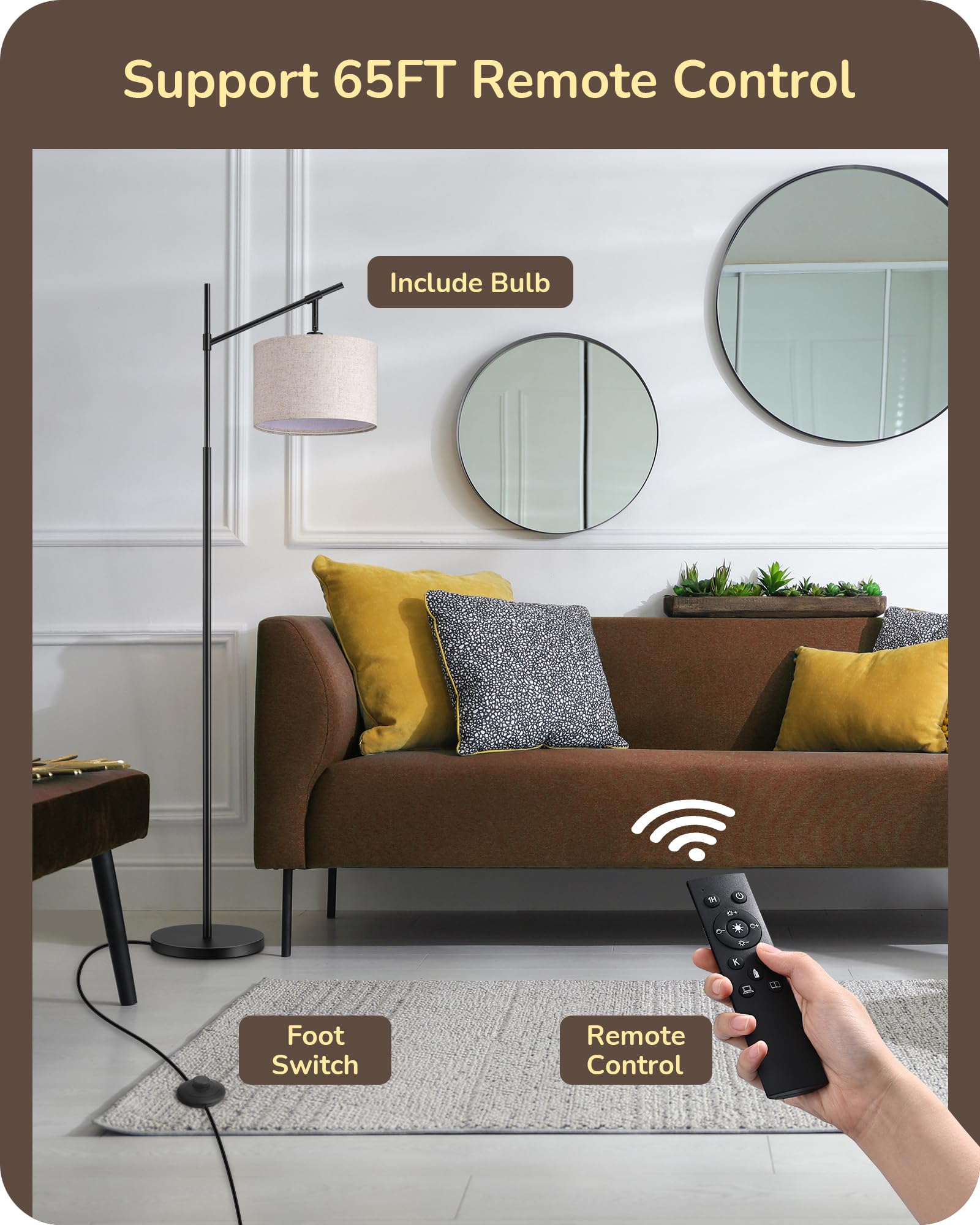 EDISHINE Modern Dimmable Floor Lamp, 63.8in Black Metal Standing Lamp with Remote Control, E26 Socket, Beige Shade