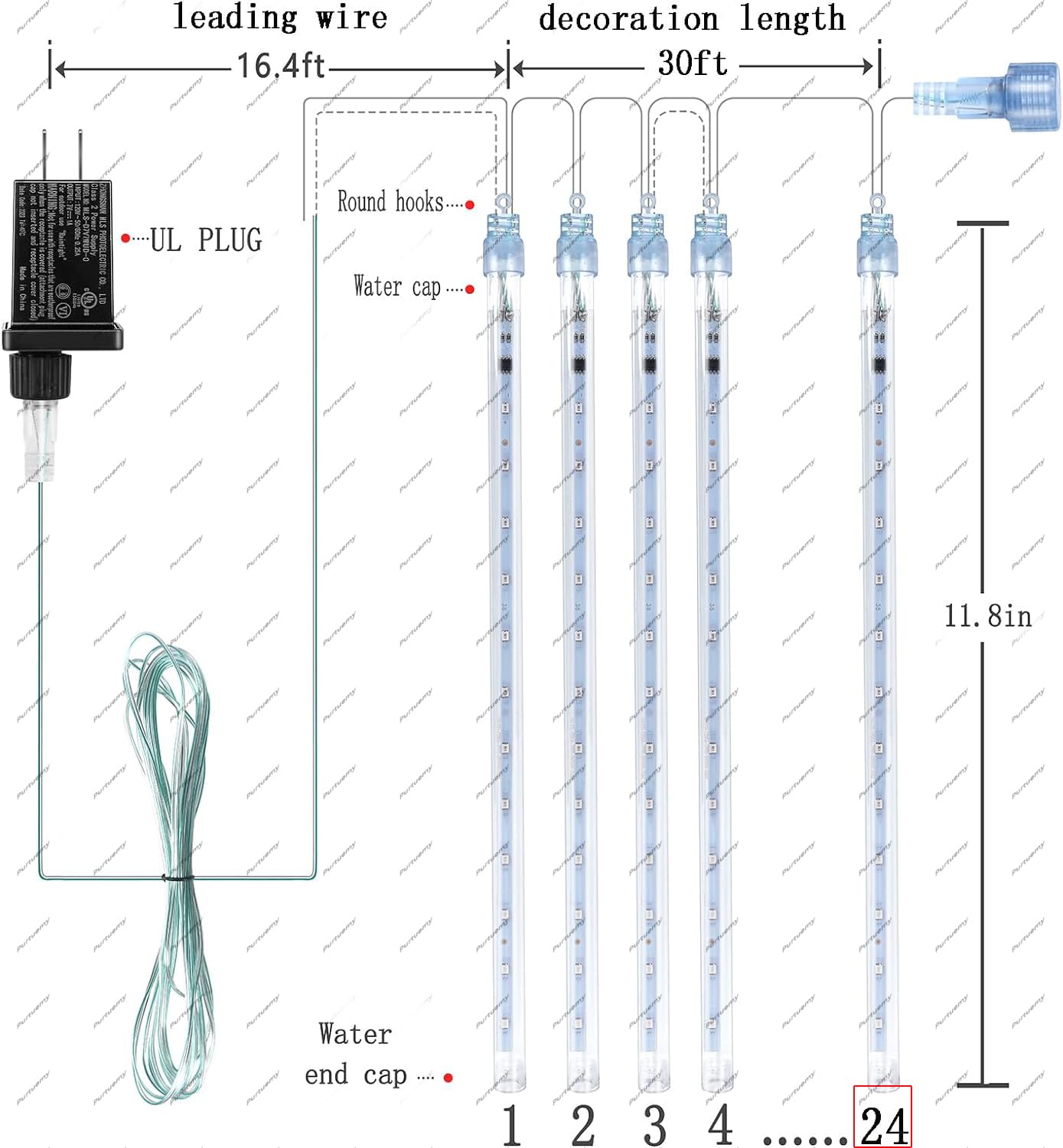 Purtuemy Outdoor Christmas Lights: 24Tubes(Equivalent To 3 Sets Of 8-Tubes) Meteor Shower Lights Icicle White Christmas Lights O