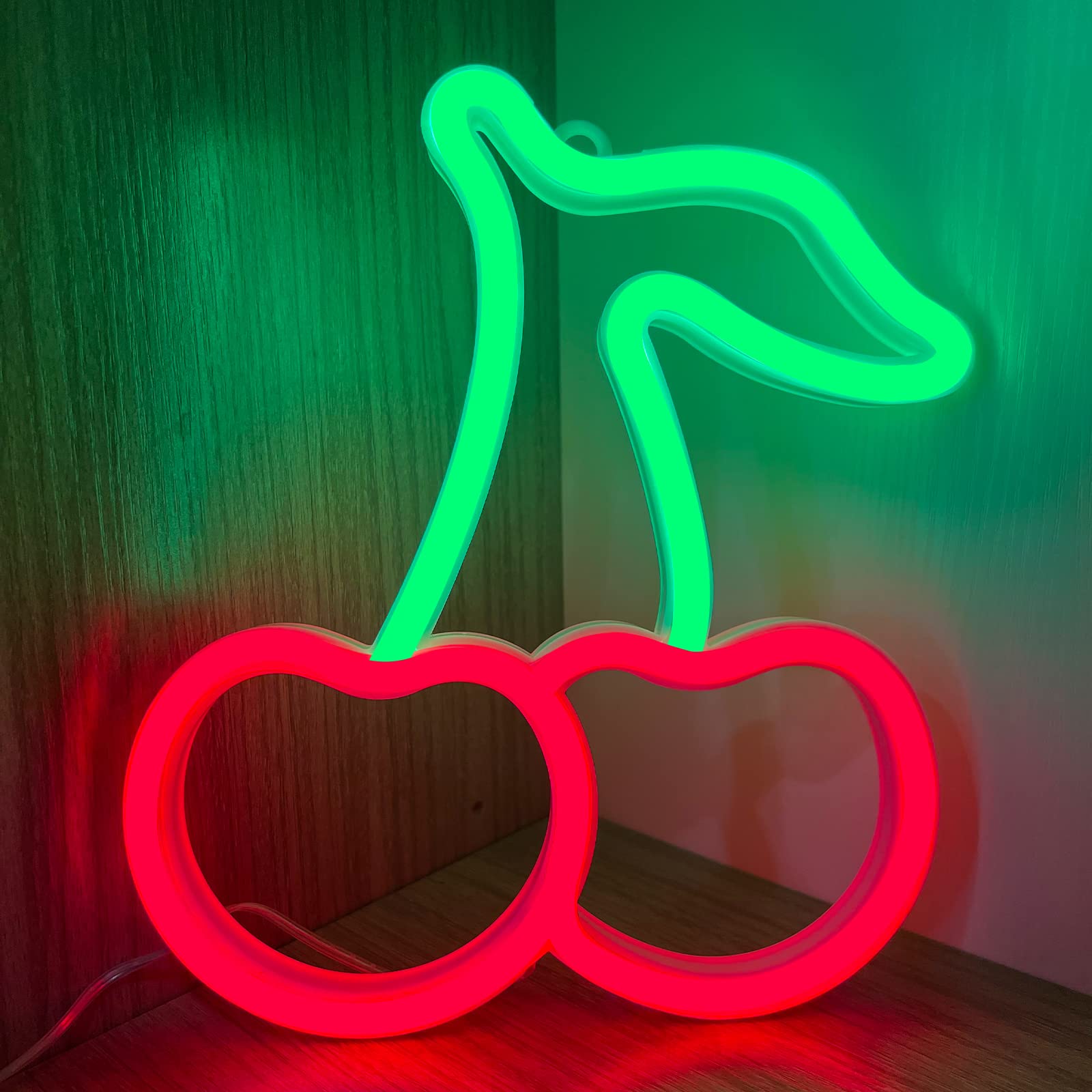 BerniceKelly Cherry Neon Sign - Red Green Cherries LED Wall Decor, 22.5inx7.5in, Cute Fruits for Kids Room, Restaurant, Bar, Home