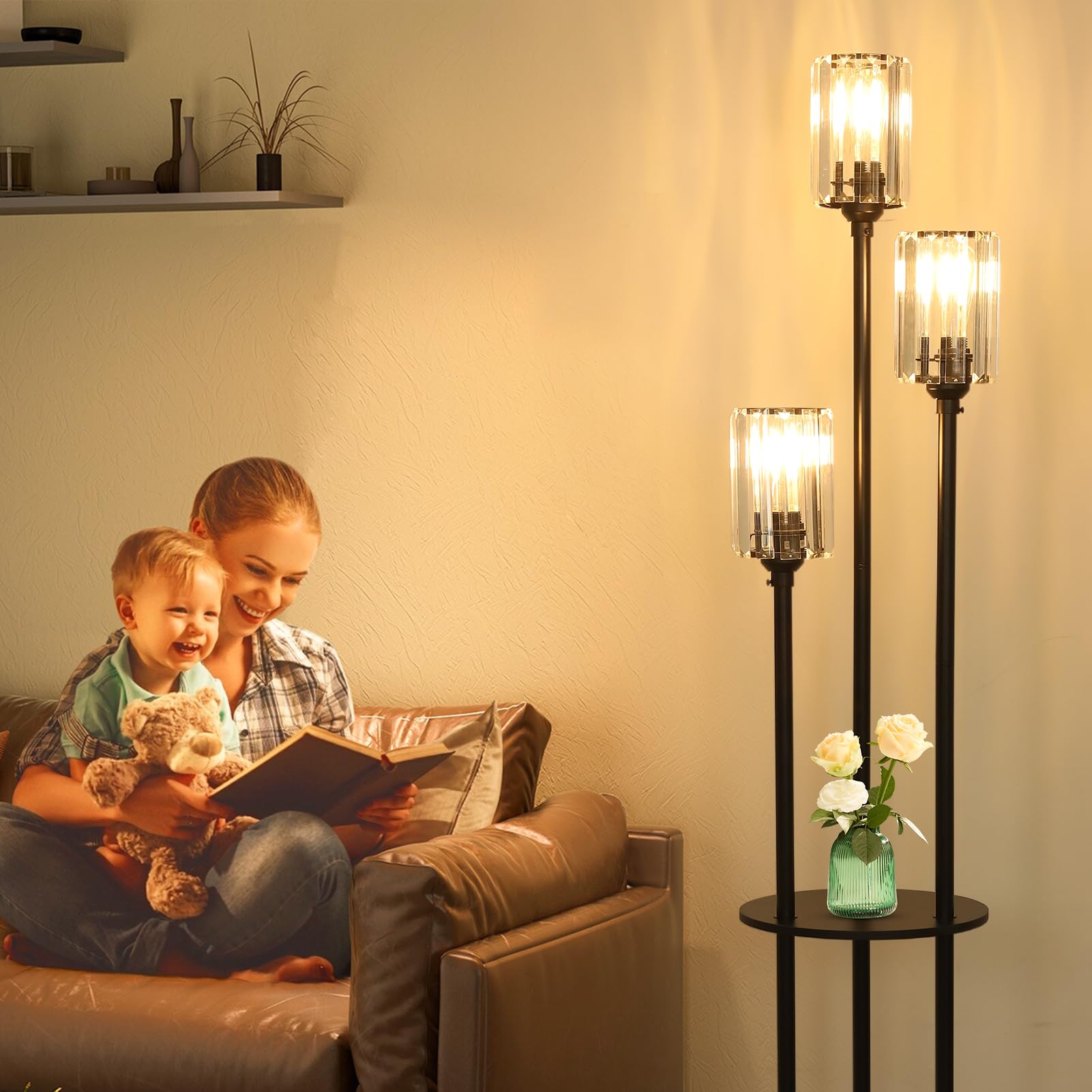 Hmvpl Floor Lamps For Living Room, Gold Floor Lamp With Shelves, 3-Lights Modern Brass Standing Lamp With Glass Shades, On/Off F