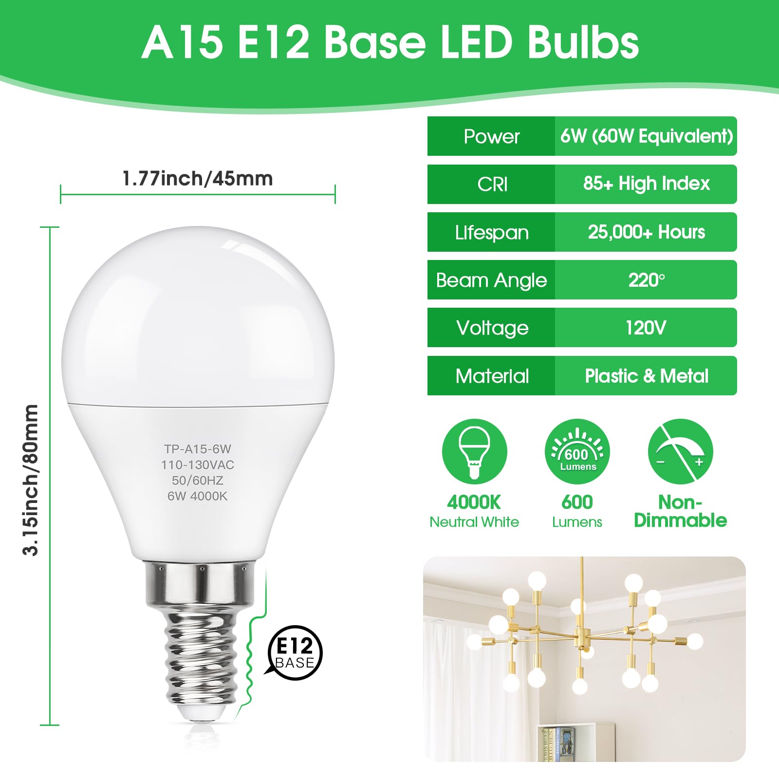 Maxvolador E12 Led 60W Equivalent Neutral White 4000K Ceiling Fan Bulbs, 600Lm Cri 85+ Small Base Candelabra Bulbs, 6W Non-Dimmable, Pack Of 6