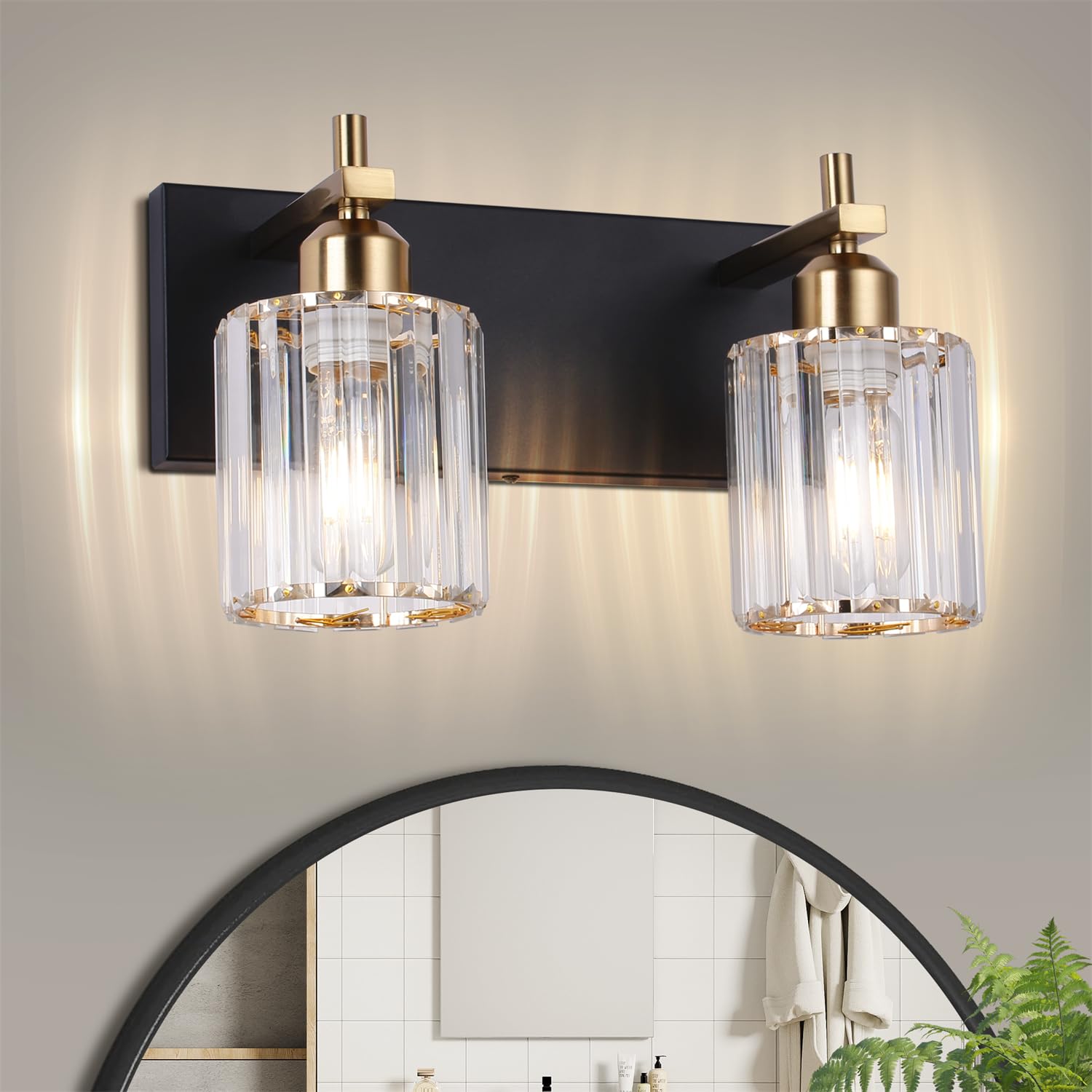 Black and Gold Bathroom Vanity Lights  2-Light Crystal Bathroom Light Fixtures Over Mirror  14 Inch Modern Farmhouse Vanity Light  Brass Gold Wall Sconces for Bath Mirror Kitchen Hallway Cabinet