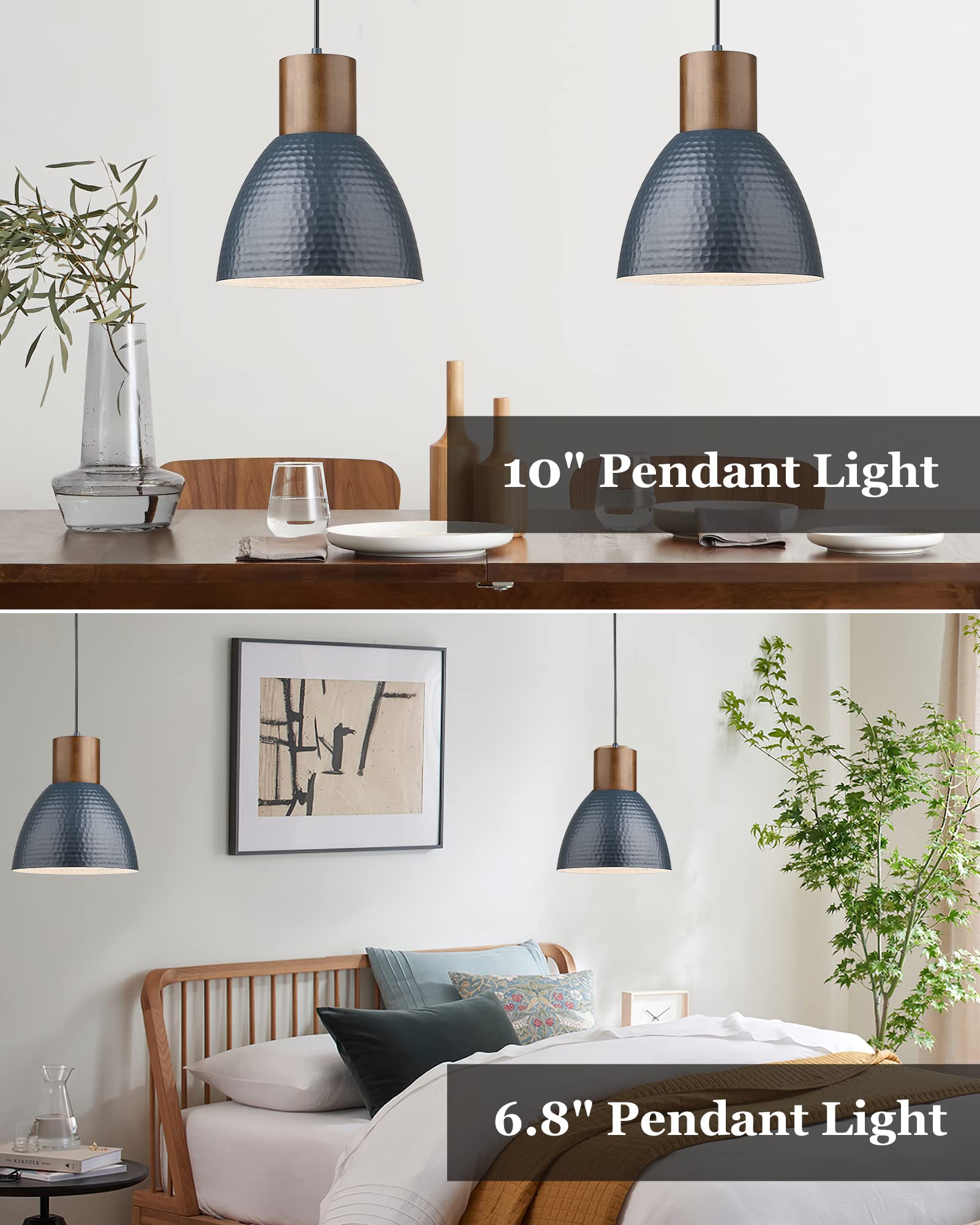Elyona Modern Pendant Light - 10.2” Adjustable Dark Blue Hammered Metal Bar Lamp For Kitchen & Dining