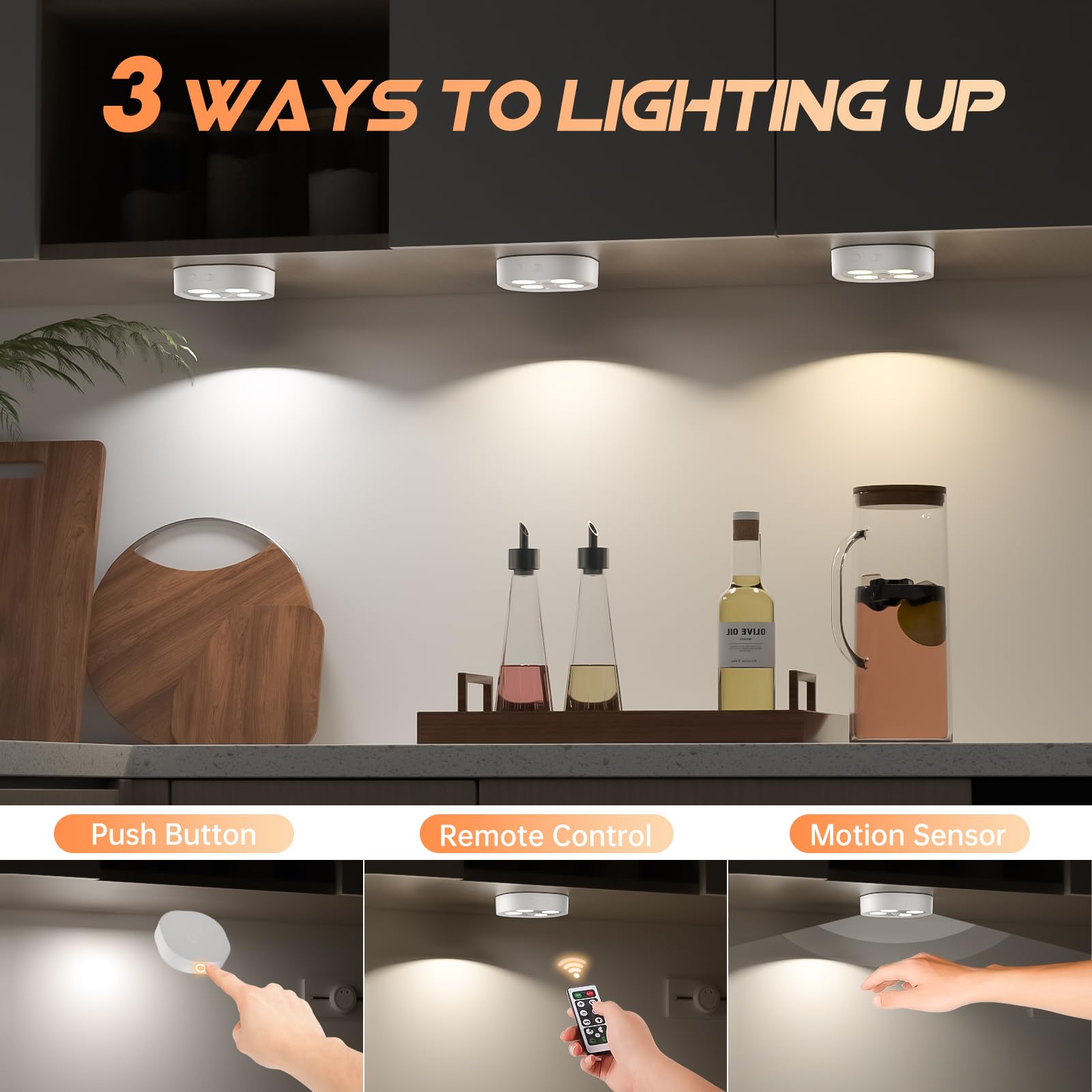 Lightbiz 3PCS Motion Sensor Closet Puck Light, Wireless Rechargeable, 3 Colors Light, 3 Pack with Stand, Model C930-3C-3PCS
