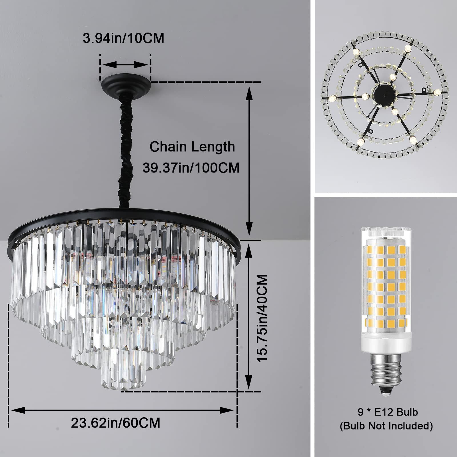 Laiuetai Black Modern Crystal Chandelier  4-Tier Round Flush Mount Ceiling Light Fixtures Height Adjustable Pendant Lighting For Dining Room Living Room Bedroom Kitchen Hotel Foyer