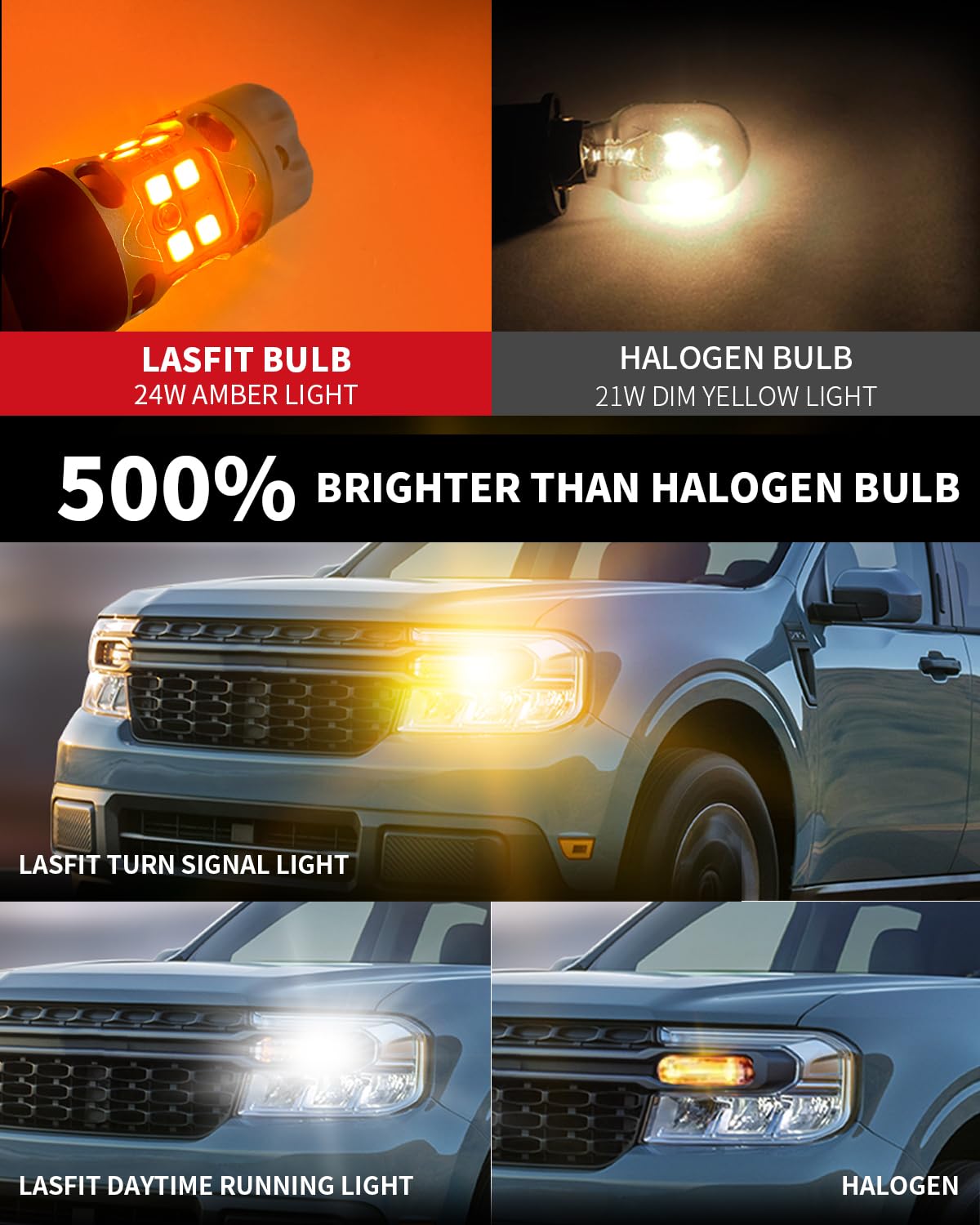 LASFIT LED Bulb Switchback Front Turn Signal Light, 4257, Aluminum, Amber/White, T3 7443 3157, for Ford Maverick/F-250/F-