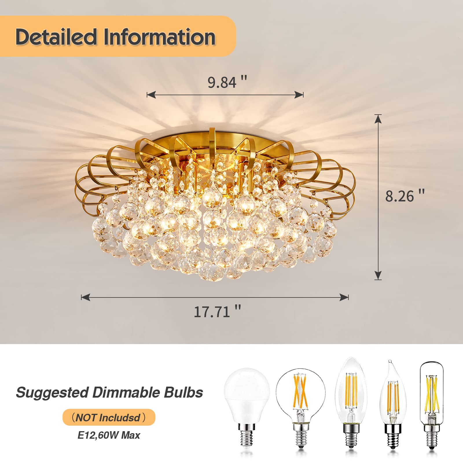 CVKASH 4-Lights Crystal Chandelier, Modern Semi Flush Mount Ceiling Light, 17.7 Inch, Gold Finish for Living Room, Hallway, Dining Room