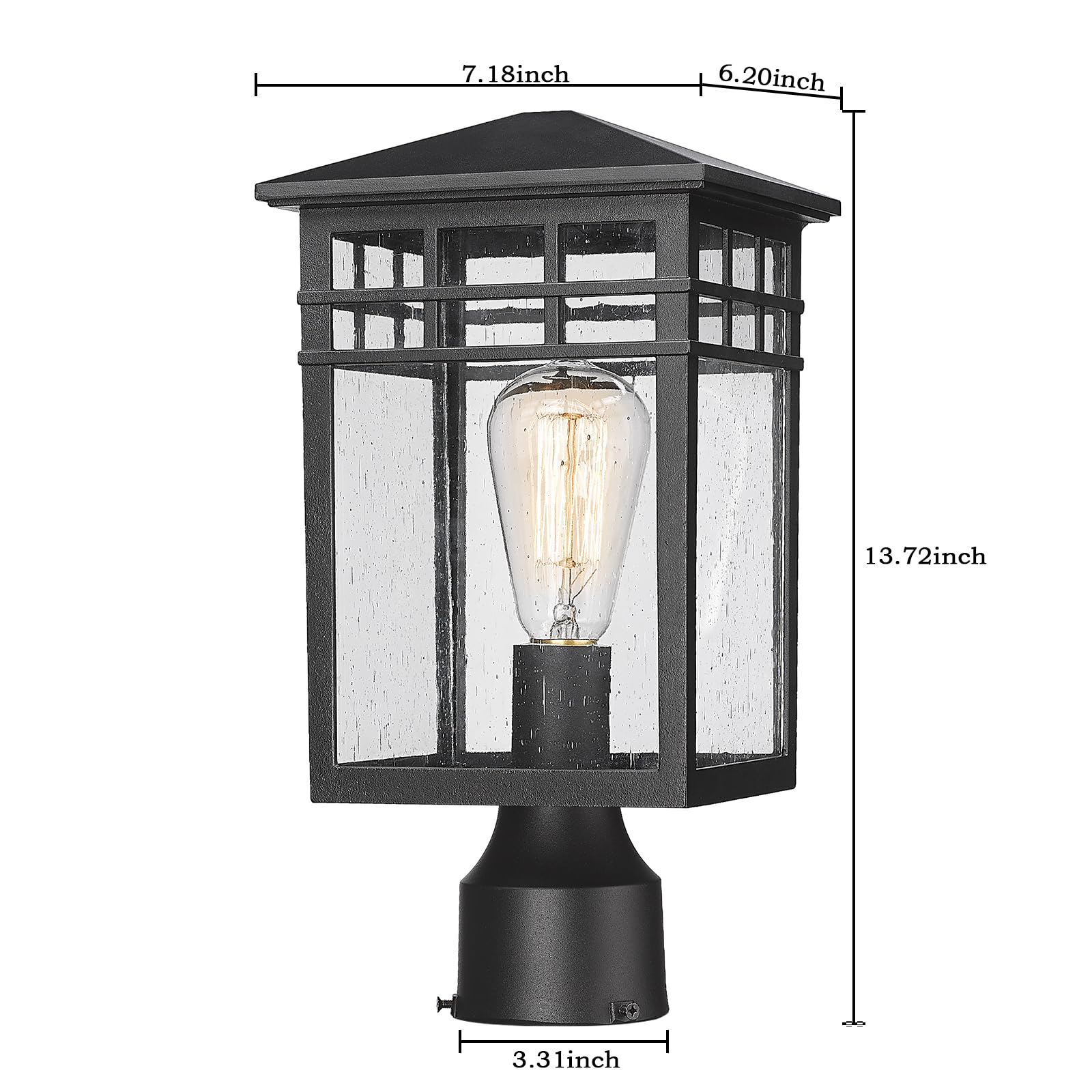 Diyel Outdoor Post Light Fixture, Modern Exterior Pillar Lantern With Black Finish & Seeded Glass, Pole Light For Garden, Backyard, Courtyard, Patio, Porch, Rz009-P Bk