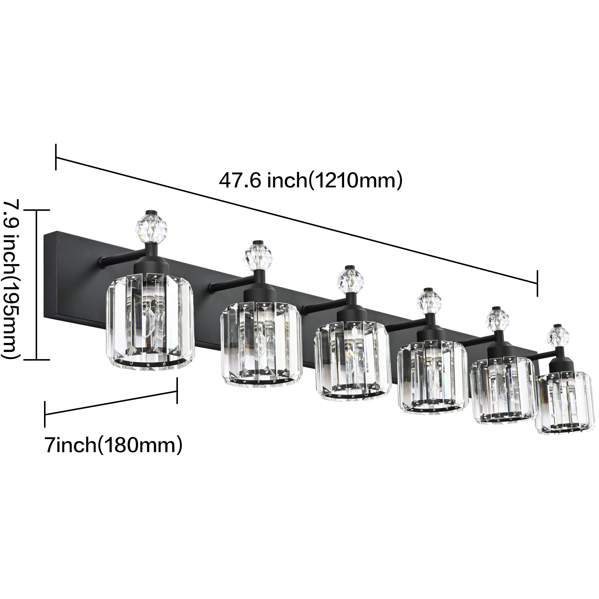 PRESDE Vanity Light Fixtures, 6-Light Modern Crystal, Matte Black Metal, Bathroom Wall Light Over Mirror