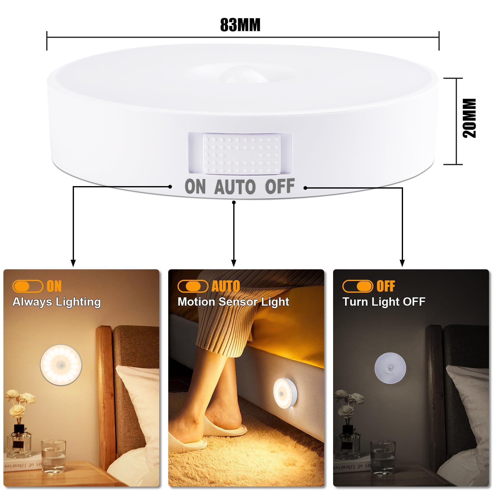 Electight 14 Leds Motion Sensor Light Indoor, 6 Pack Upgraded Night Light Usb Rechargeable, 3 Light Modes & Long Last Battery, C