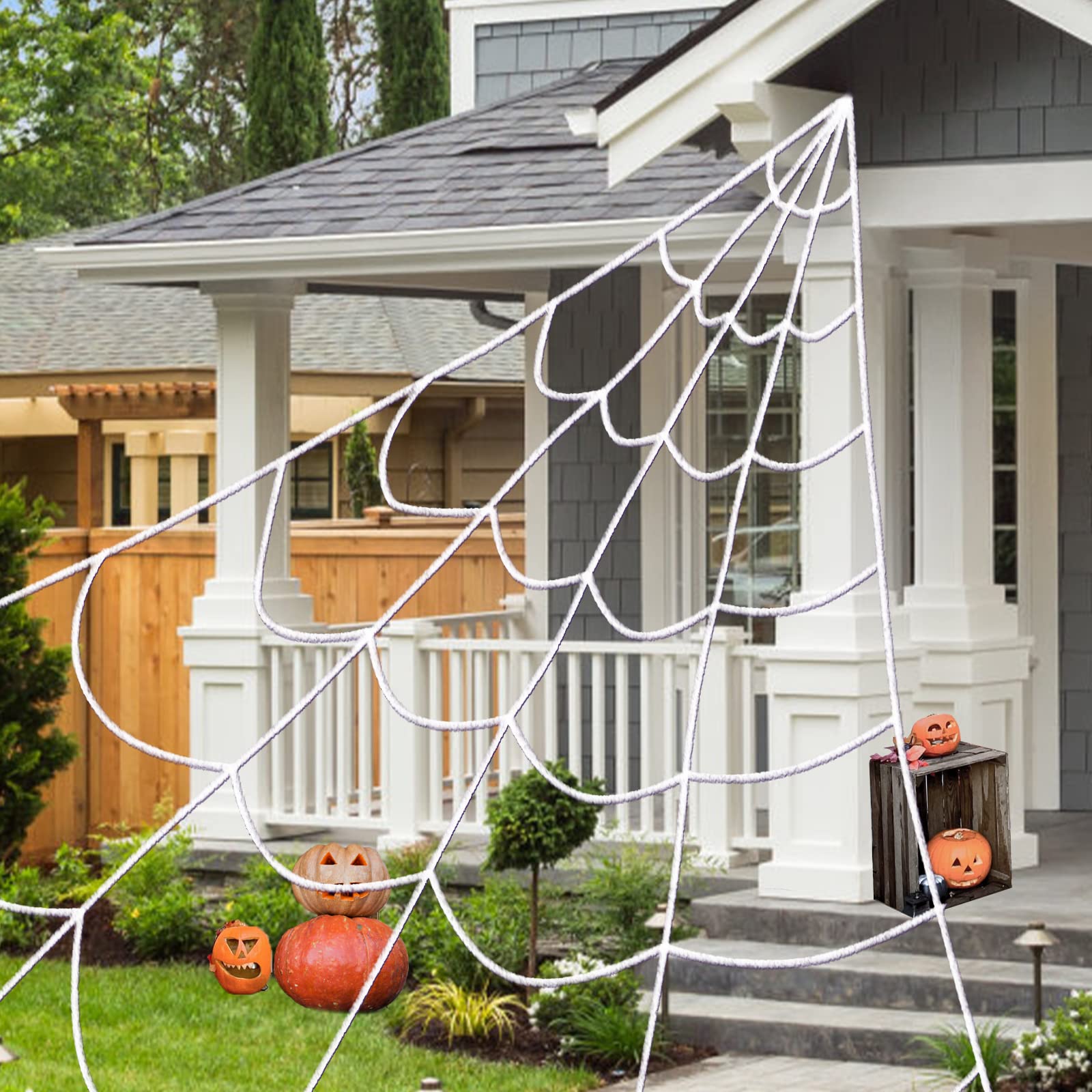 Solar Powered Outdoor Halloween Decorations Spider Web Lights, 14.8 X 16.4 Ft Triangular White Spider Web With 135 Led Green Lights, Large Size Solar Halloween Decor…