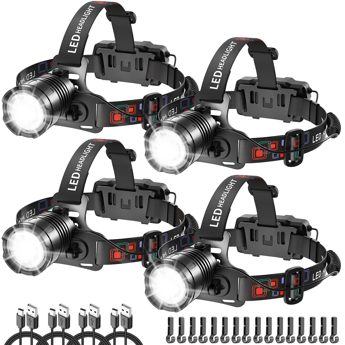 High Lumen Rechargeable Headlamp, Super Bright Head Lamp, 90Angle Head Lights for Forehead, Adjustable Focus Headlight, 4Mode LE