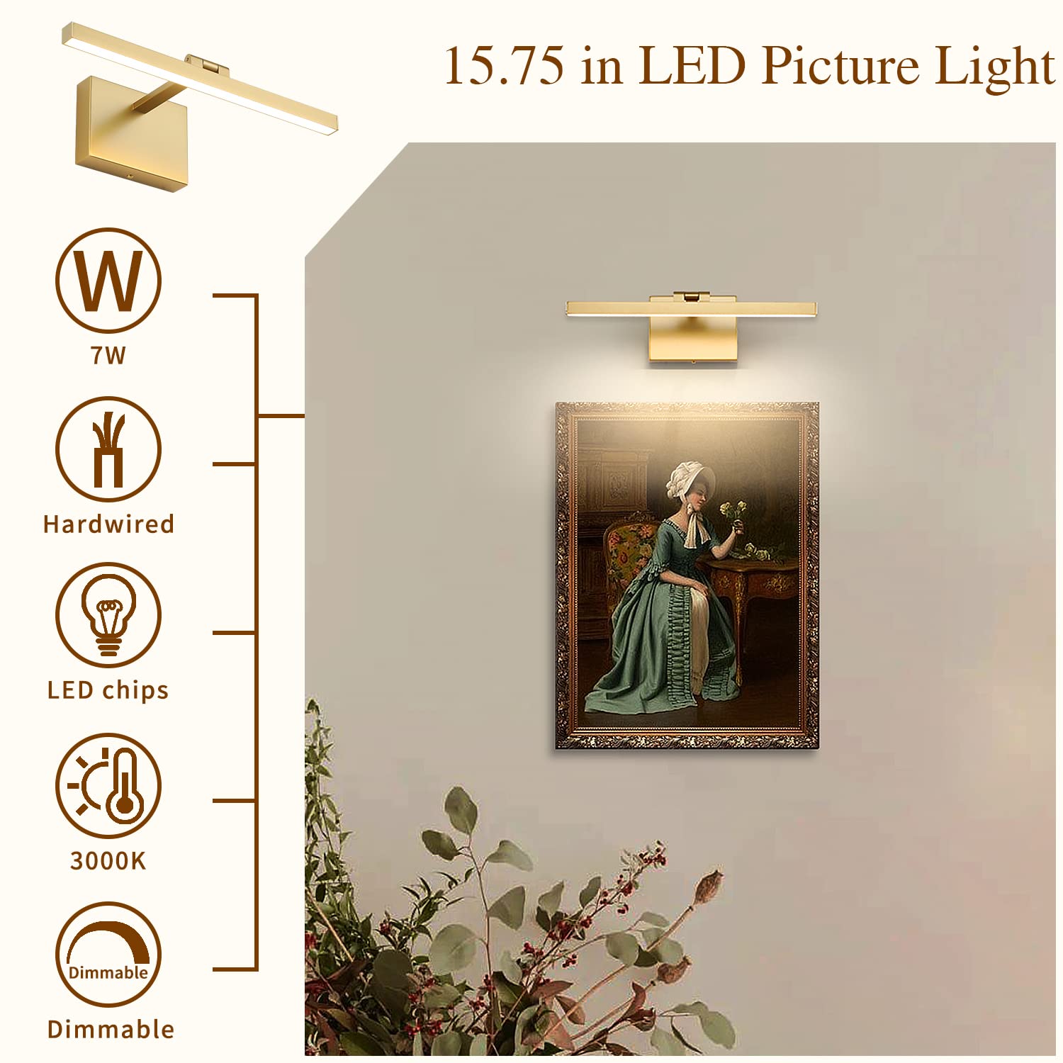 Joosenhouse Hard Wired Picture Light, 300 Lumens, Dimmable, 15.74in Long, Gold, Model 7520-400-D, Metal Wall Lamp for discomfort-reducingtings